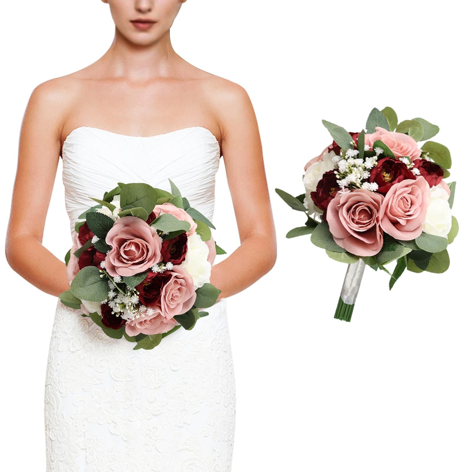 11 Inch Dusty Pink & Burgundy Silk Rose Peony Bridesmaid Bouquets Decor