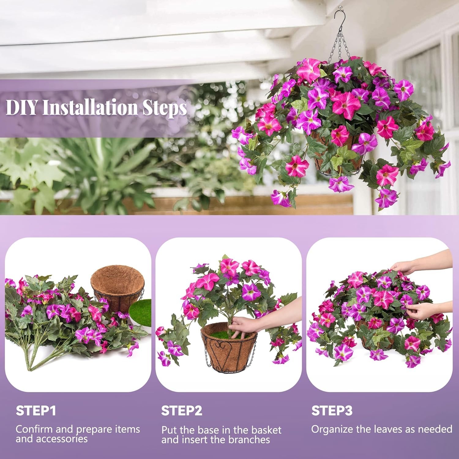 Artificial Hanging Fake Flowers with Basket Plants for Outdoor Decoration, Fa…