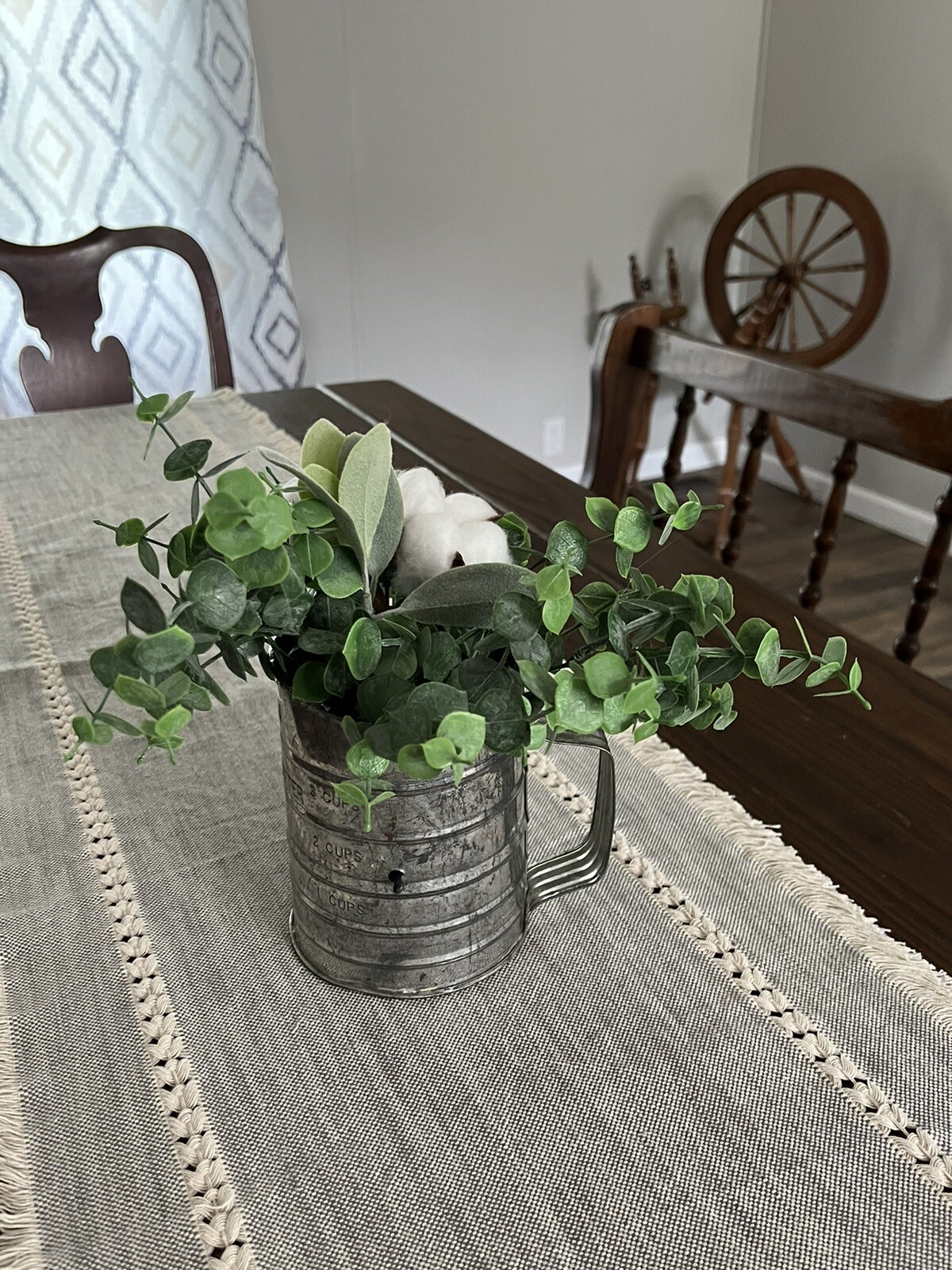 Farmhouse Flour Sifter Cotton/Eucalyptus/Lambs Ear Arrangement