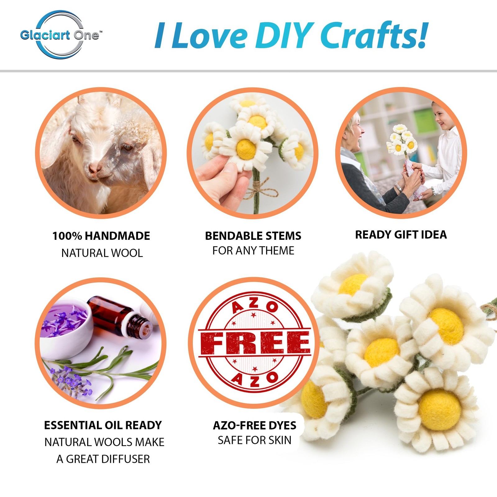 Felt White Daisy Artificial Flowers Bouquet – 6 pcs | Reusable, Washable and …