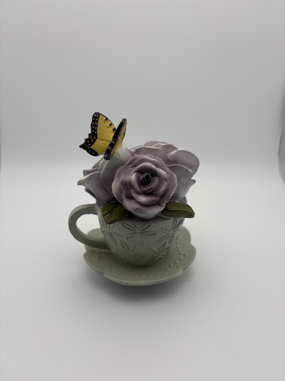 Ganz Flower Teacup Figurine – Yellow Butterfly Purple Flower Decor Spring Summer