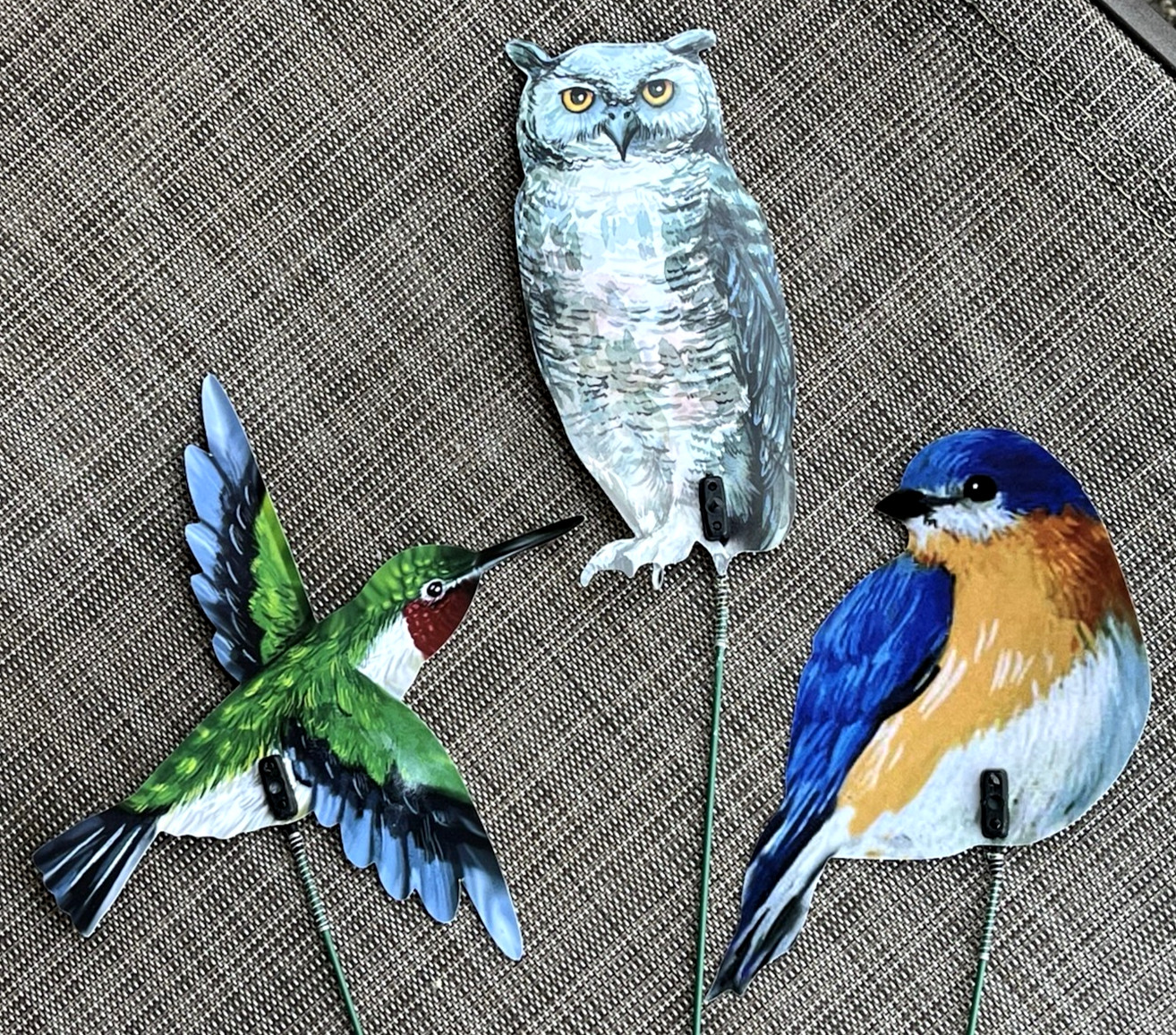 Bird Picks Lot of 3 Decorative Plastic on Wire Stems Owl, Hummingbird, Blue Bird
