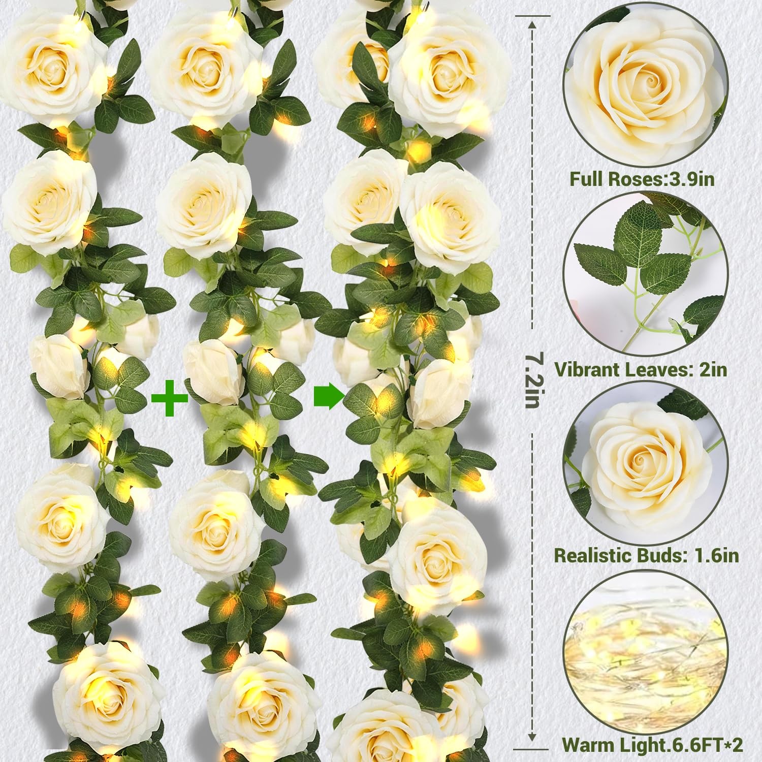 Flower Garland with Lights, 2 Packs 7FT White Floral Rose Flower Eucalyptus G…