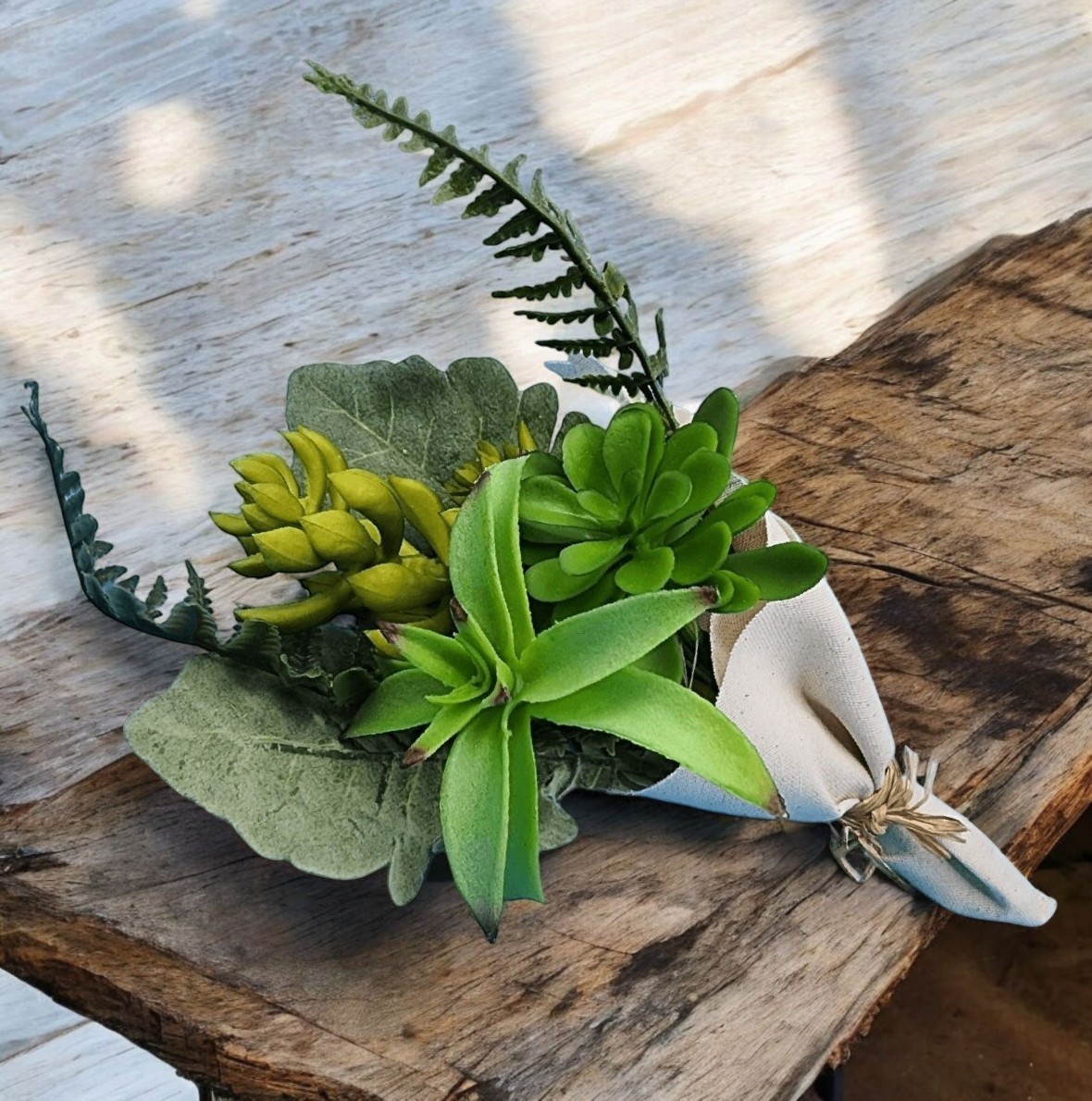 Artificial Green Succulent Bouquet Plant Leaves Wrapped Natural Cotton Cloth