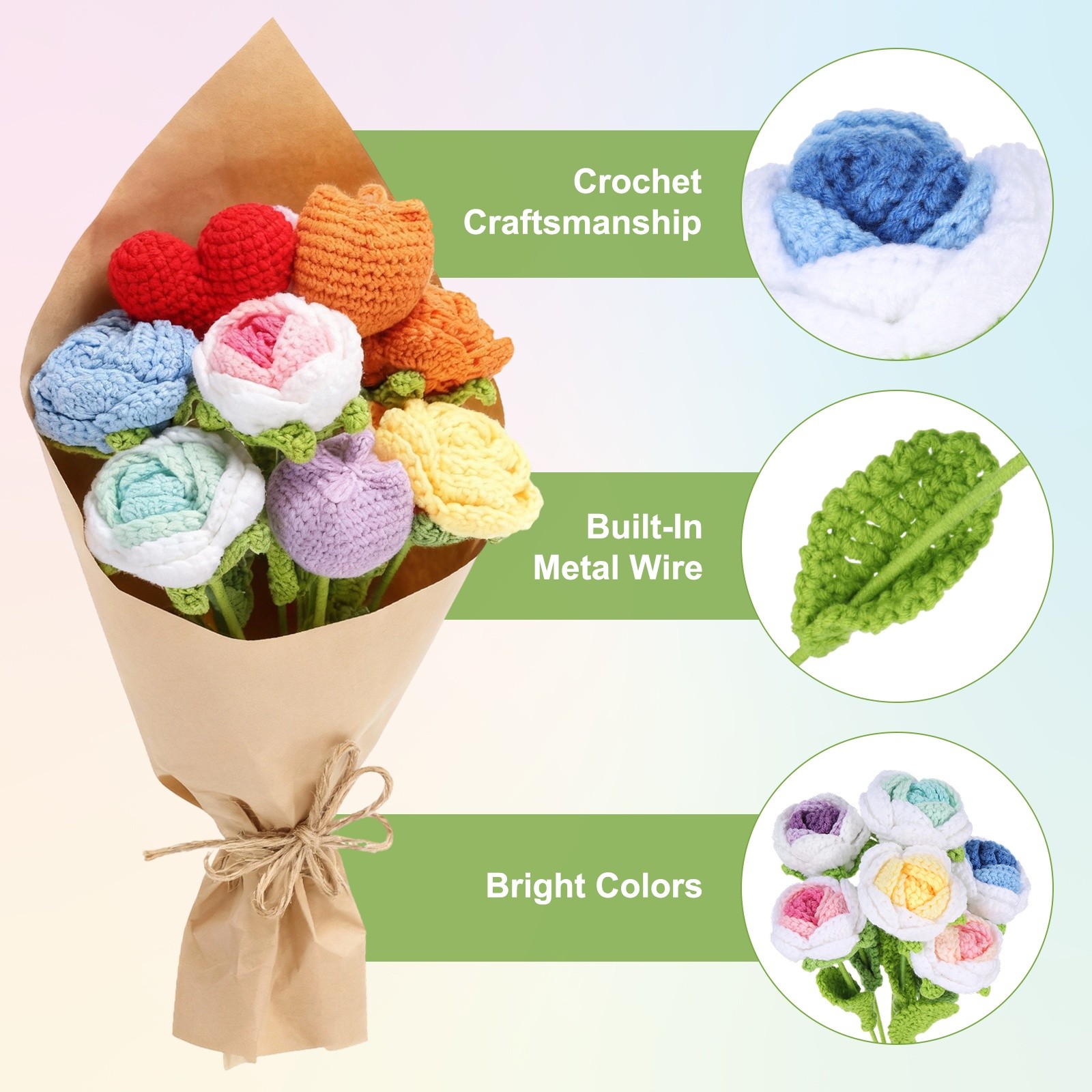 2Pcs Crochet Flower Rose Handmade Knitted Bouquet Blue Gradient,