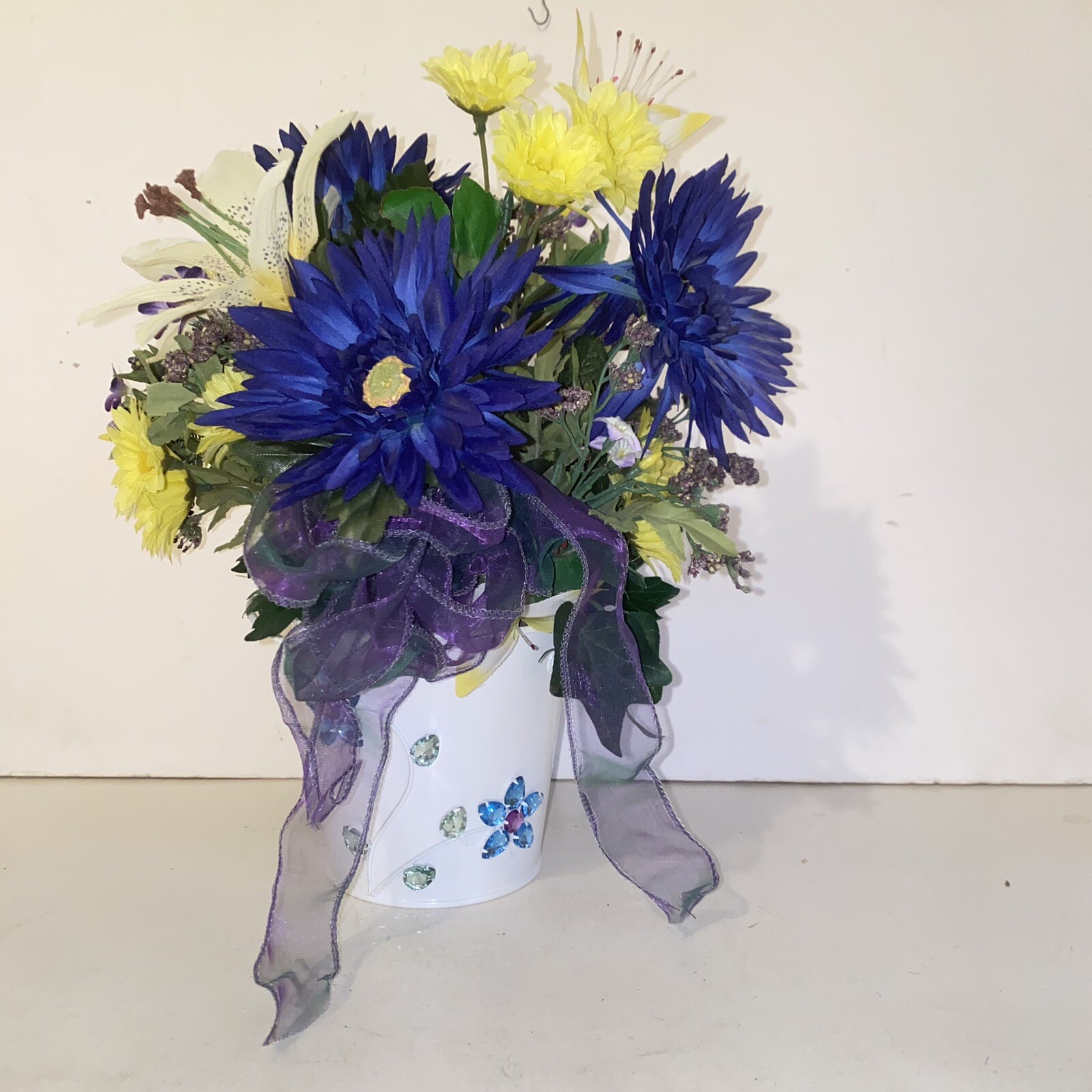 Blue Yellow & Purple Flower Arrangement in Rhinestone Jeweled Tin Planter