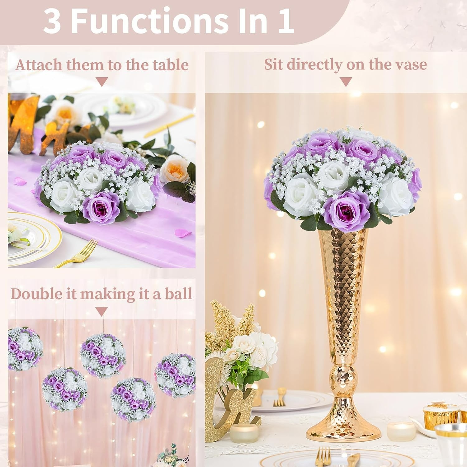 NUPTIO Flower Balls for Table Centerpieces: Purple & White Artificial Rose
