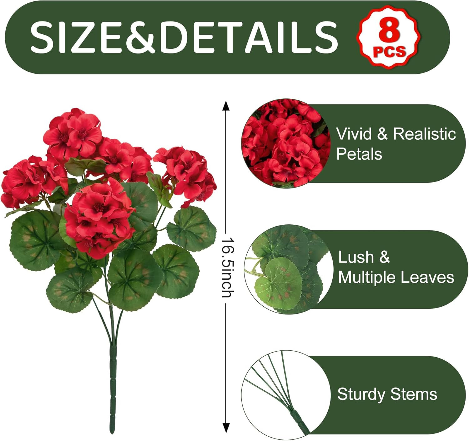 8 Pcs 17″ Artificial Geranium Flowers for Outdoors, Fake Silk Flowers UV Resista