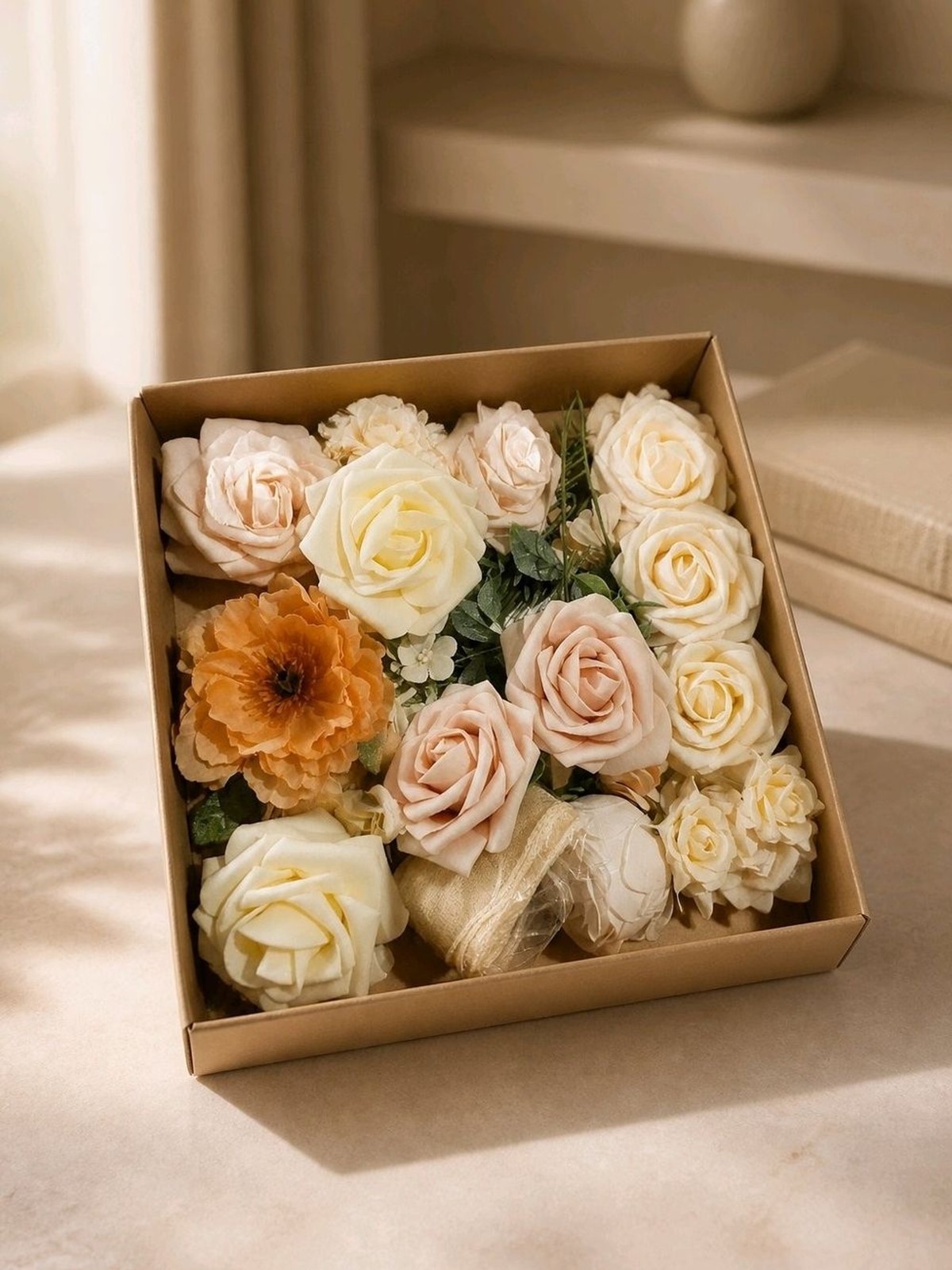 Boxed Faux Floral Arrangement in Cream & Blush with Warm Peach Accent