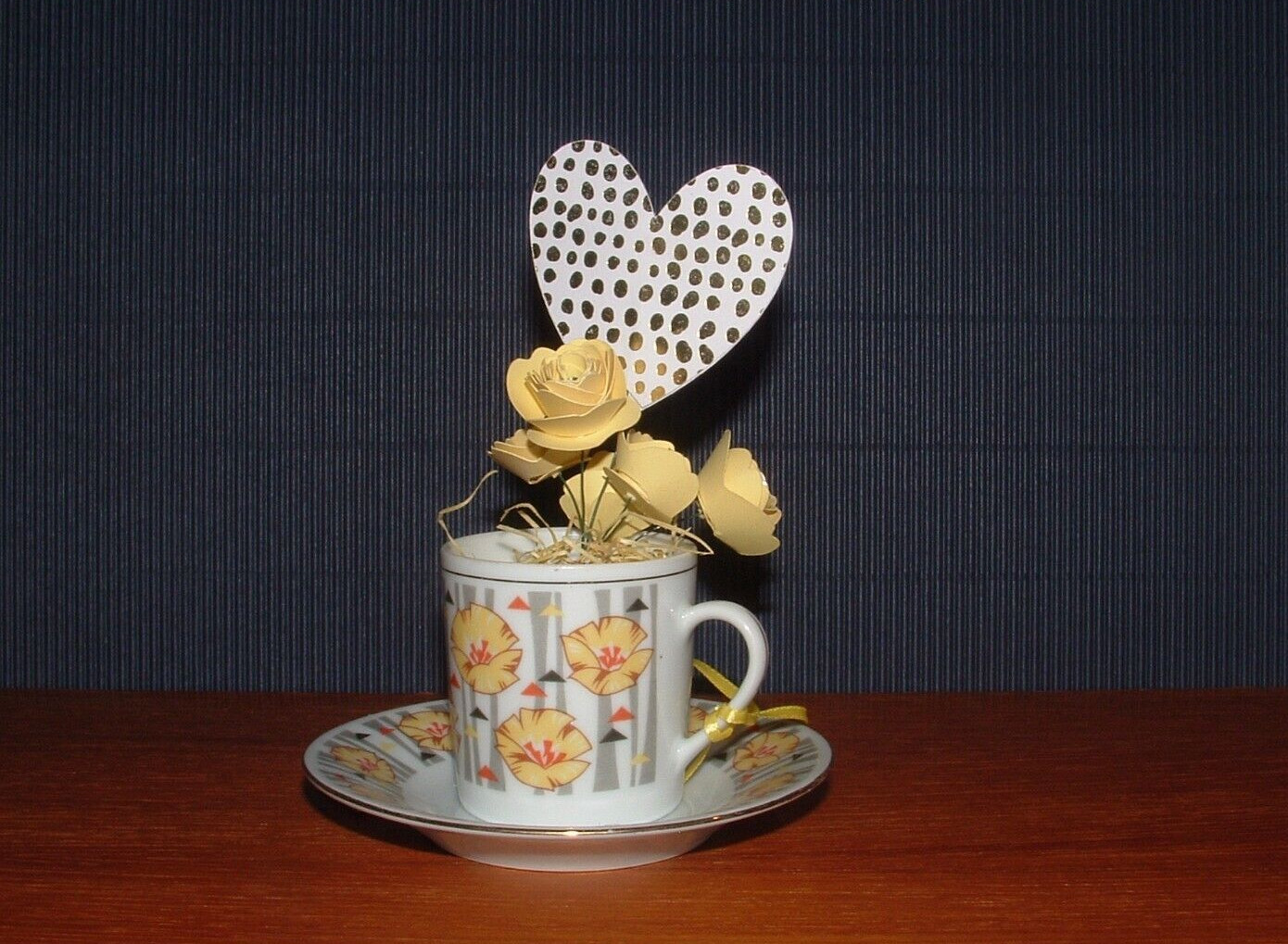 Paper Flower & Heart Handmade Bouquet, Small Teacup & Saucer Vase, With Gift Tag