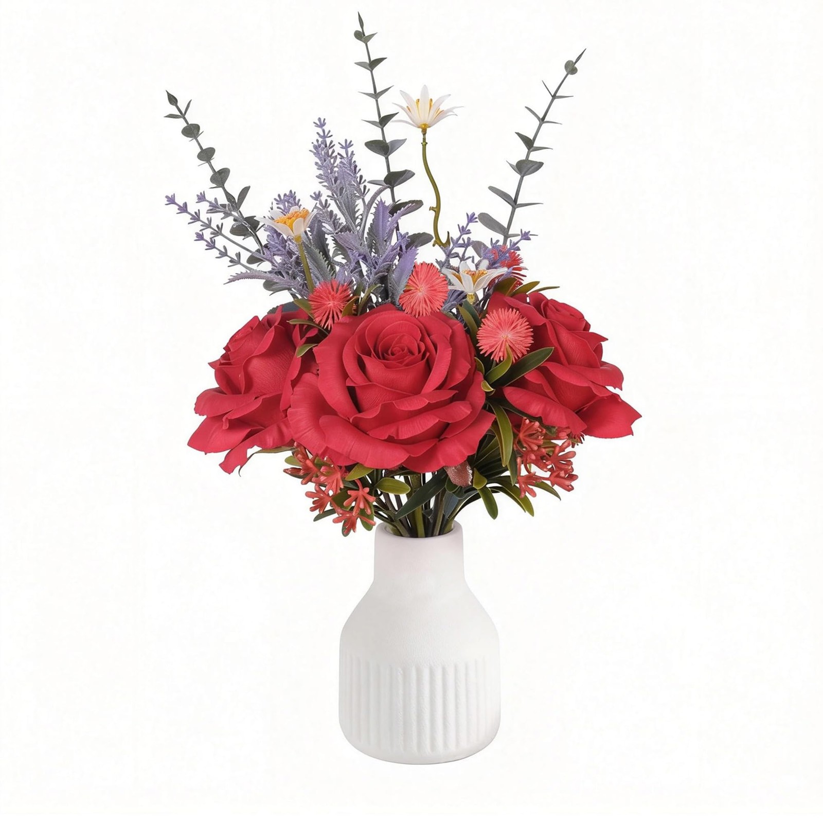 Artificial Rose Flower Arrangement in White Ceramic Vase, Silk Roses with Euc…