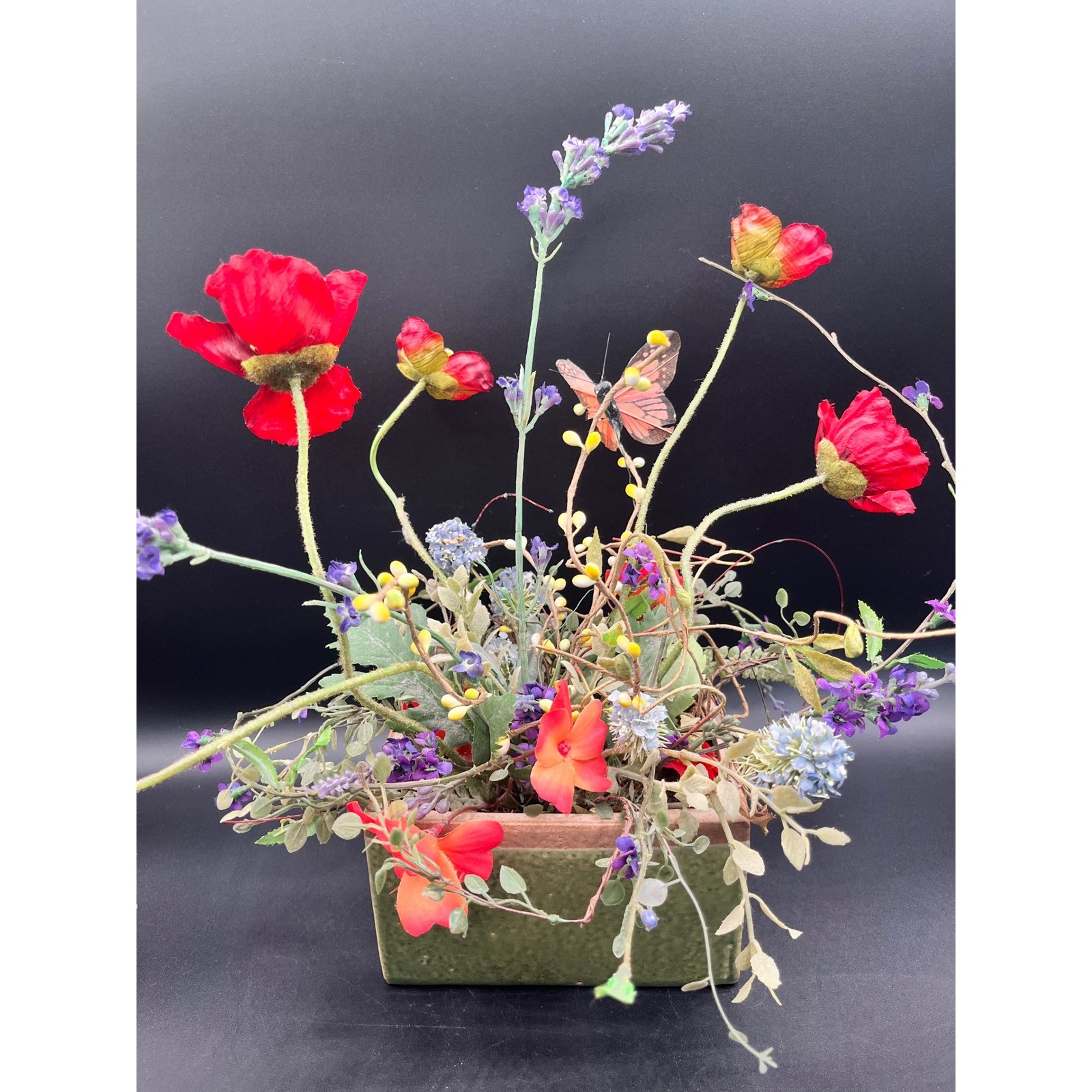 Flower Arrangement Greenery Poppies Lavender Butterfly Rustic Green Ceramic Pot