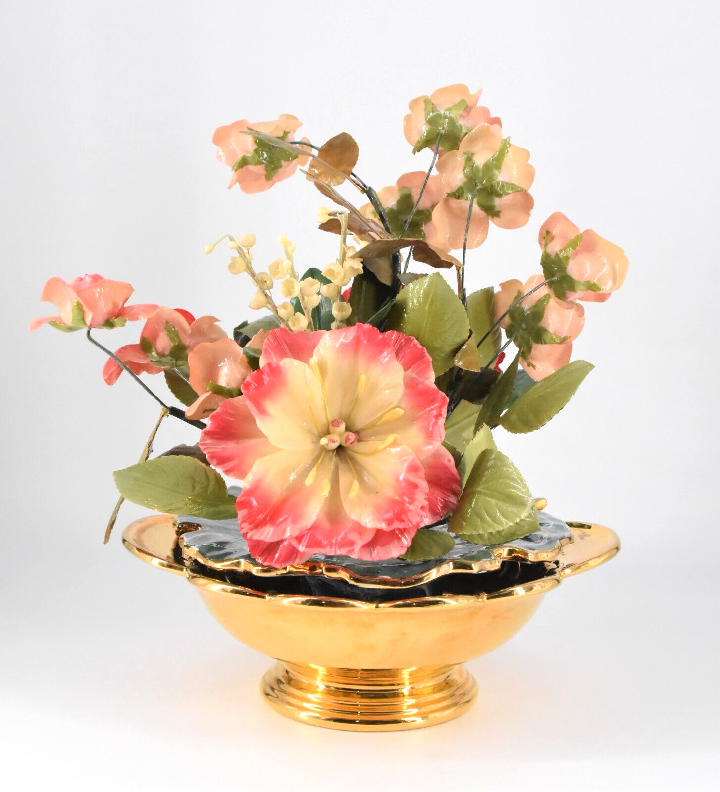 VTG Pink Flower Arrangement Centerpiece Italy Turquoise Gold Ceramic Dish 14″