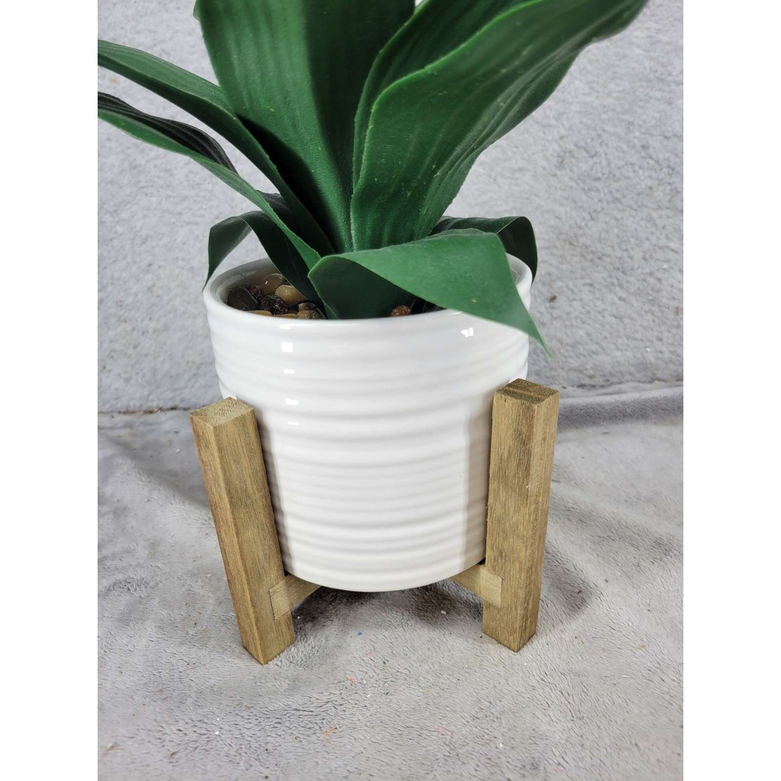 Artificial Snake Plant in White Ceramic Pot with Wood Stand Faux Green Leaves