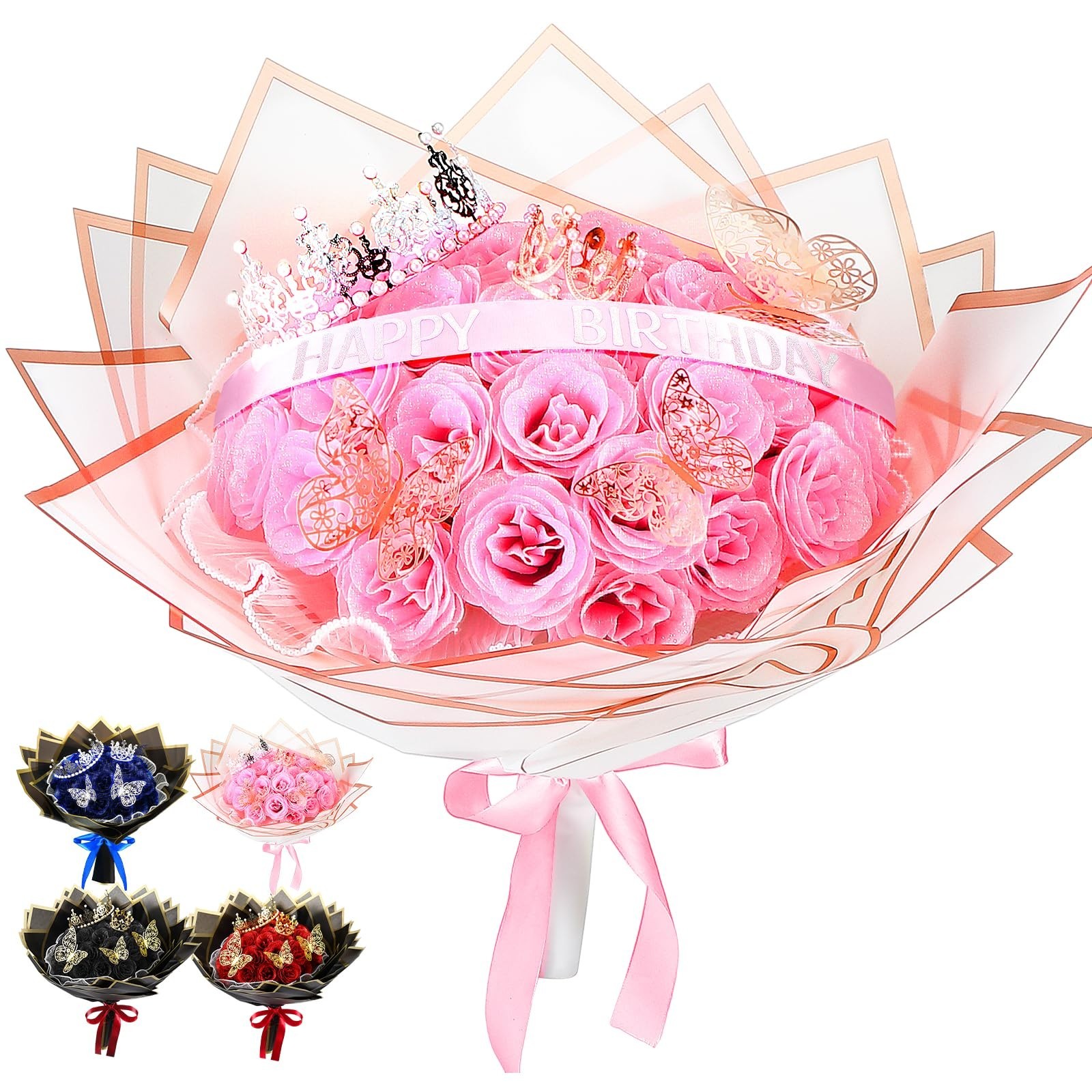 36 Pcs Pink Glitter Roses Bouquet Kit – DIY Flowers, Wrapping Paper & 3D Butterf