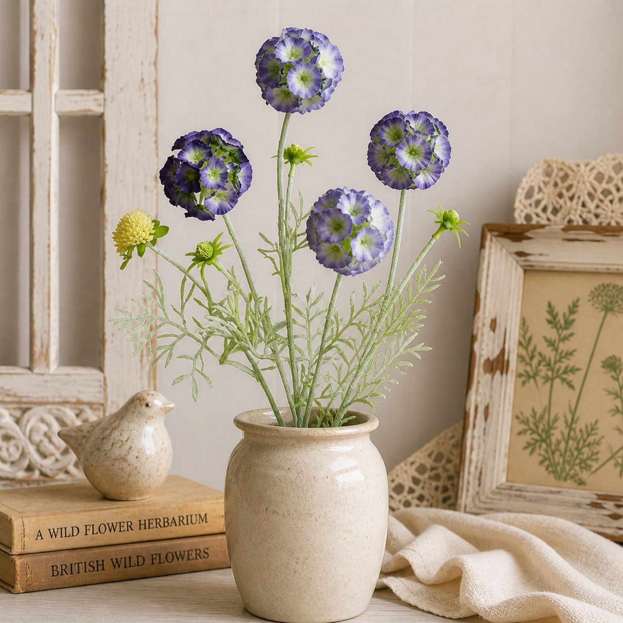 Artificial Scabiosa Flower Stems Purple Blue Faux Wildflower Cottage Floral Fill