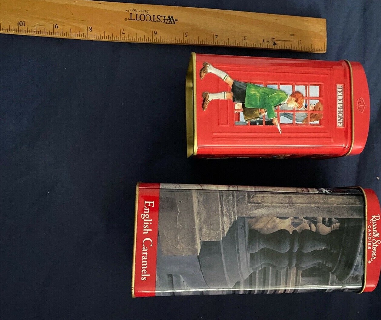 English Breakfast Tea & Russel Stover Red Phone Booth Banks (2) Tin Cans-No Food