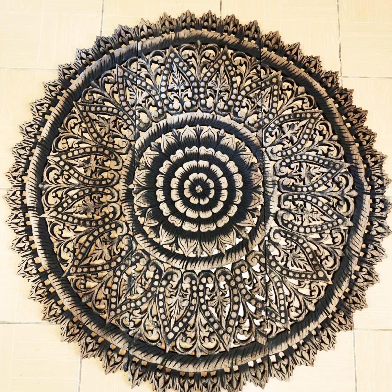 36″ Large Round Black Mandala Wood Carving Wall Art 3-Piece Set Office Decor