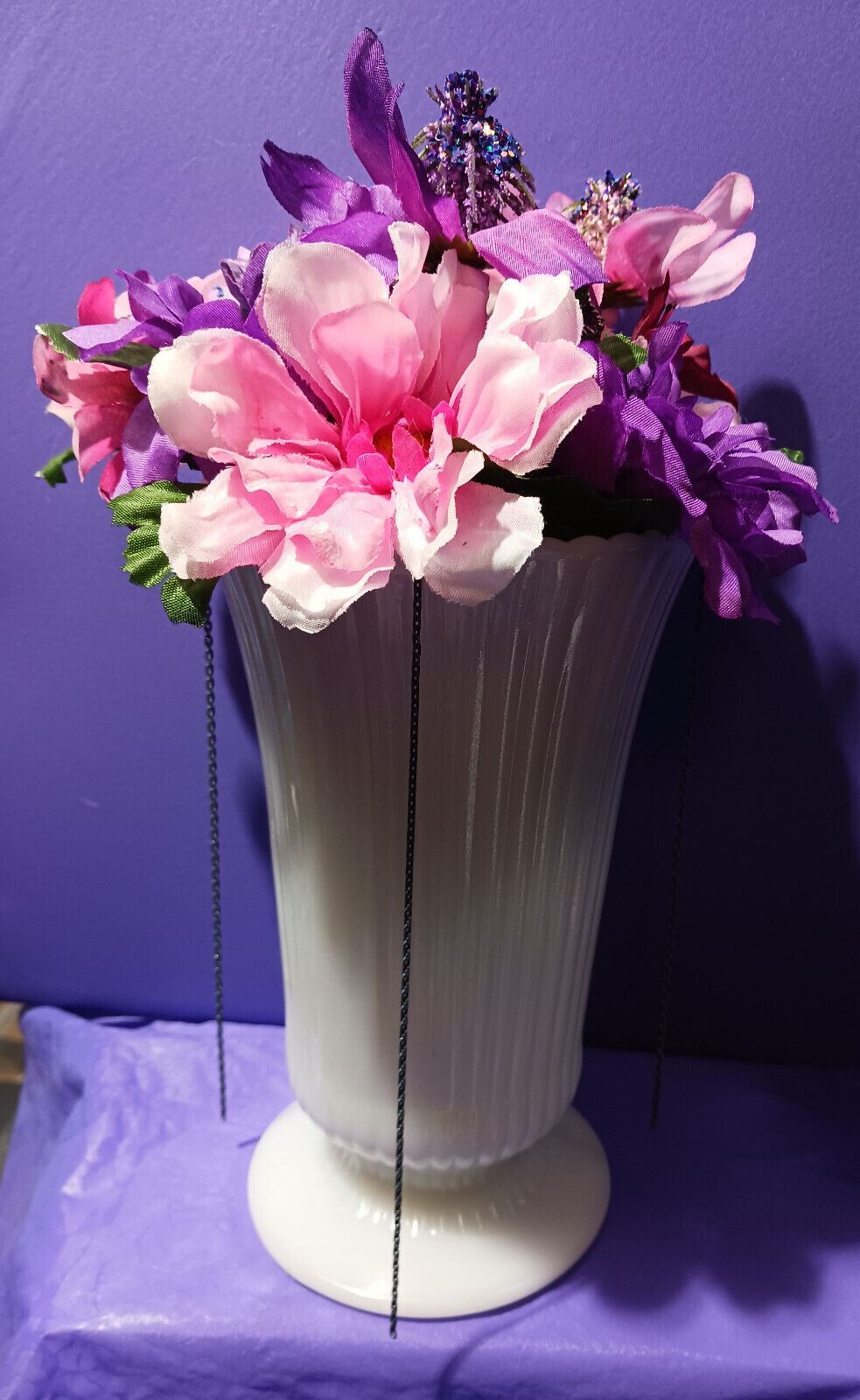 Artificial Flower Arrangement Vintage White Milk Glass Vase W/blue Chain