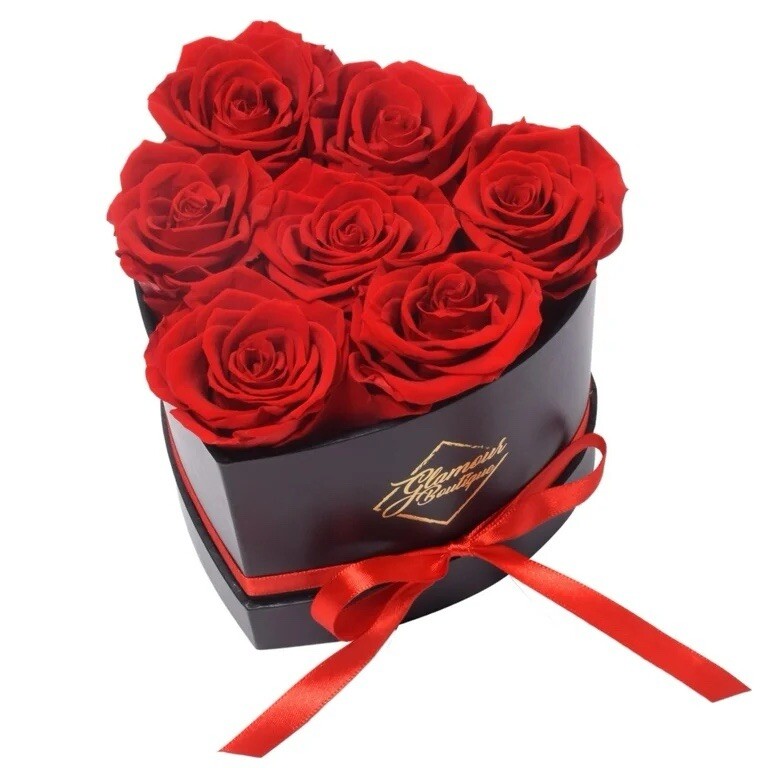 7-Piece Forever Flowers Heart Box – Preserved Roses, Lasts 1 Year, Gift for Mom