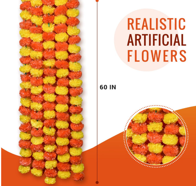 Marigold Garland for Decoration 5 Pcs of 5 feet Long Strands Artificial Marigold