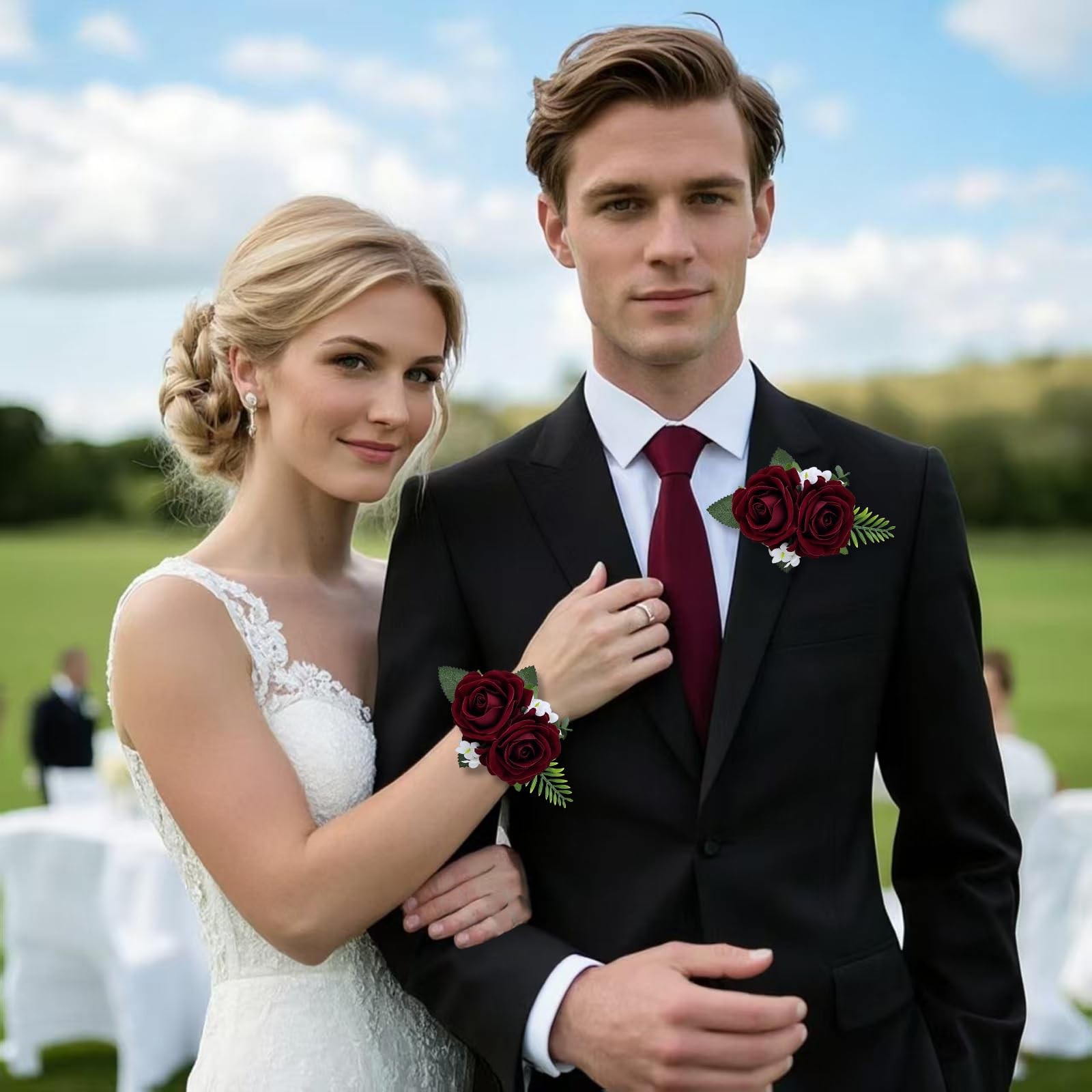 2 PCS Burgundy Rose Wrist Corsage Wristlet Band Men Boutonniere Set Wedding