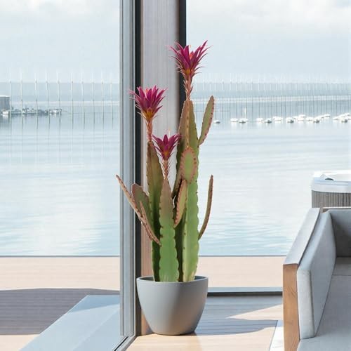 3ft Tall Artificial Cactus with Magenta Flower in Pot, Fake Cacti Plant of