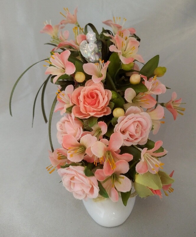 Lot (2) High Heeled Shoe Floral Arrangements w/ Cherubs (Pink/Purple & Peach)