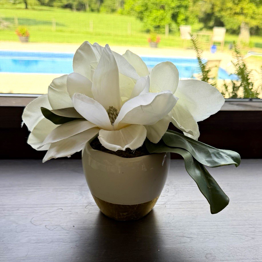 White & Green Artificial Magnolia Floral Arrangement Centerpiece in Small Pot