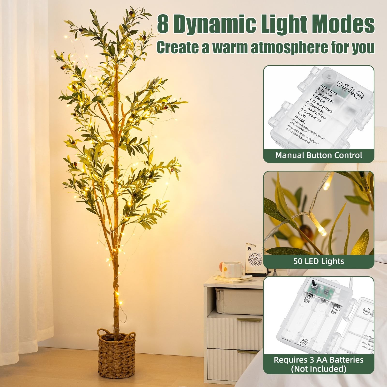 6ft Artificial Olive Tree with LED Fairy Lights, Tall Faux Potted Plant with …
