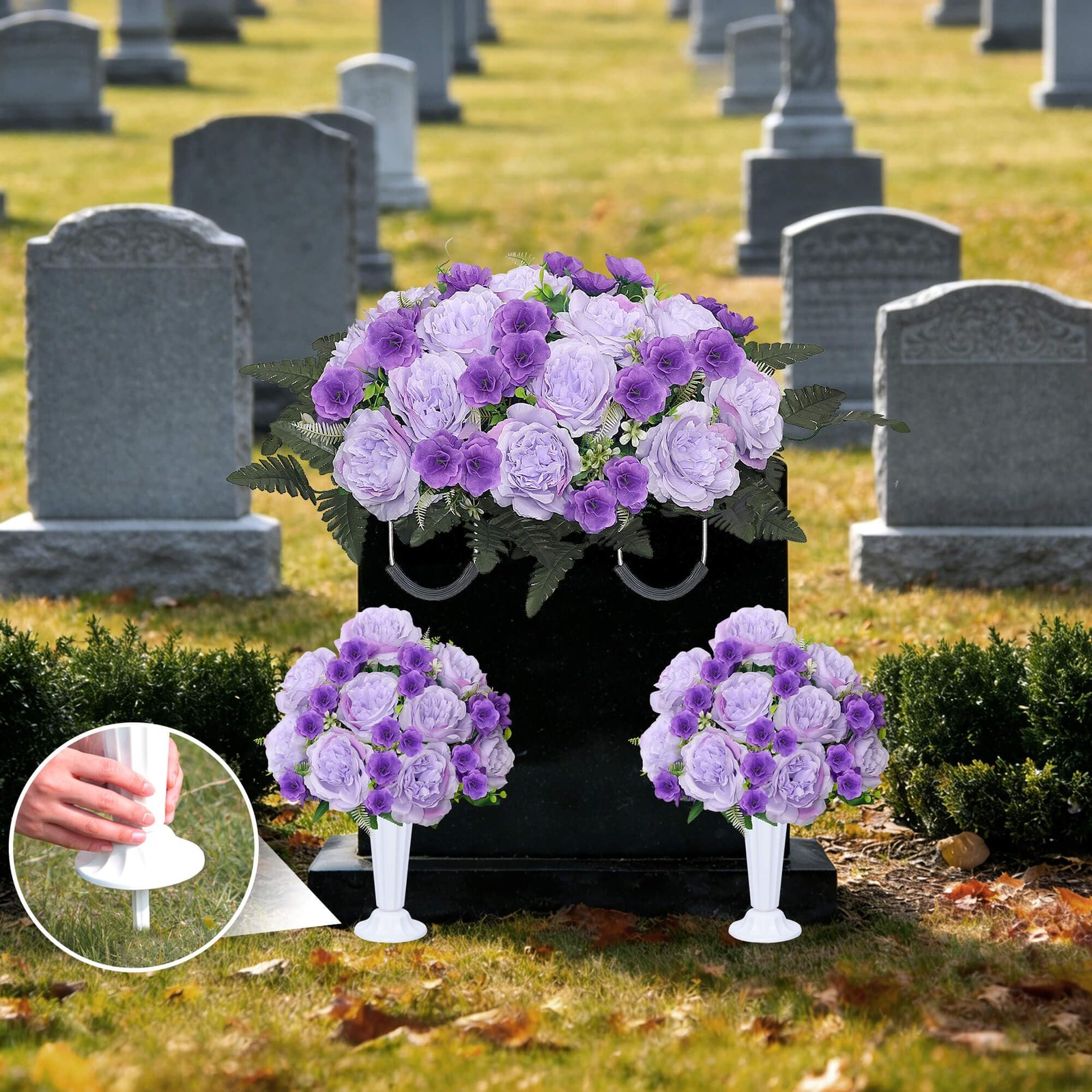 Grave Decorations for Cemetery Headstone Flower Saddle 2PC Artificial Peony F
