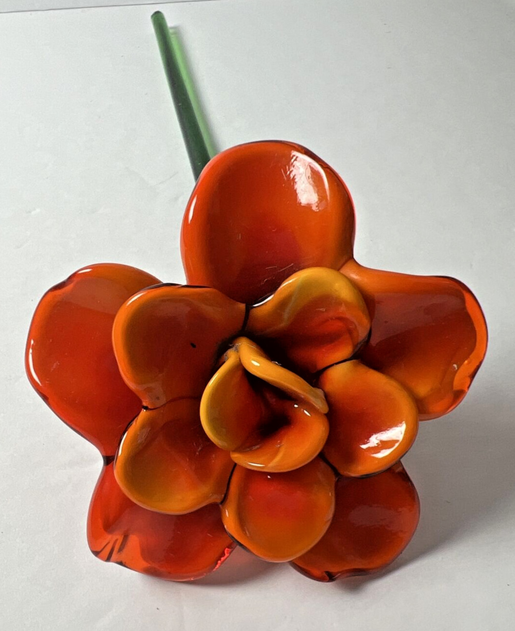 Vintage Handblown Glass Orange Rose Long Green Stem Budding Flower 13″ Stem Chip