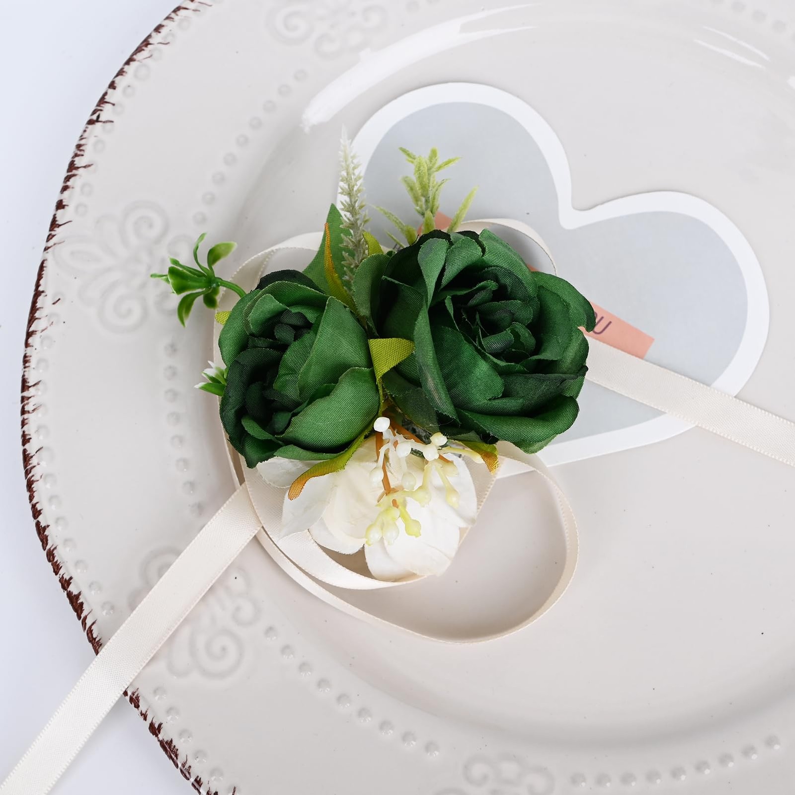 Dark Green Artificial Flowers Wrist Corsage and Boutonniere Set for Wedding 2PCS