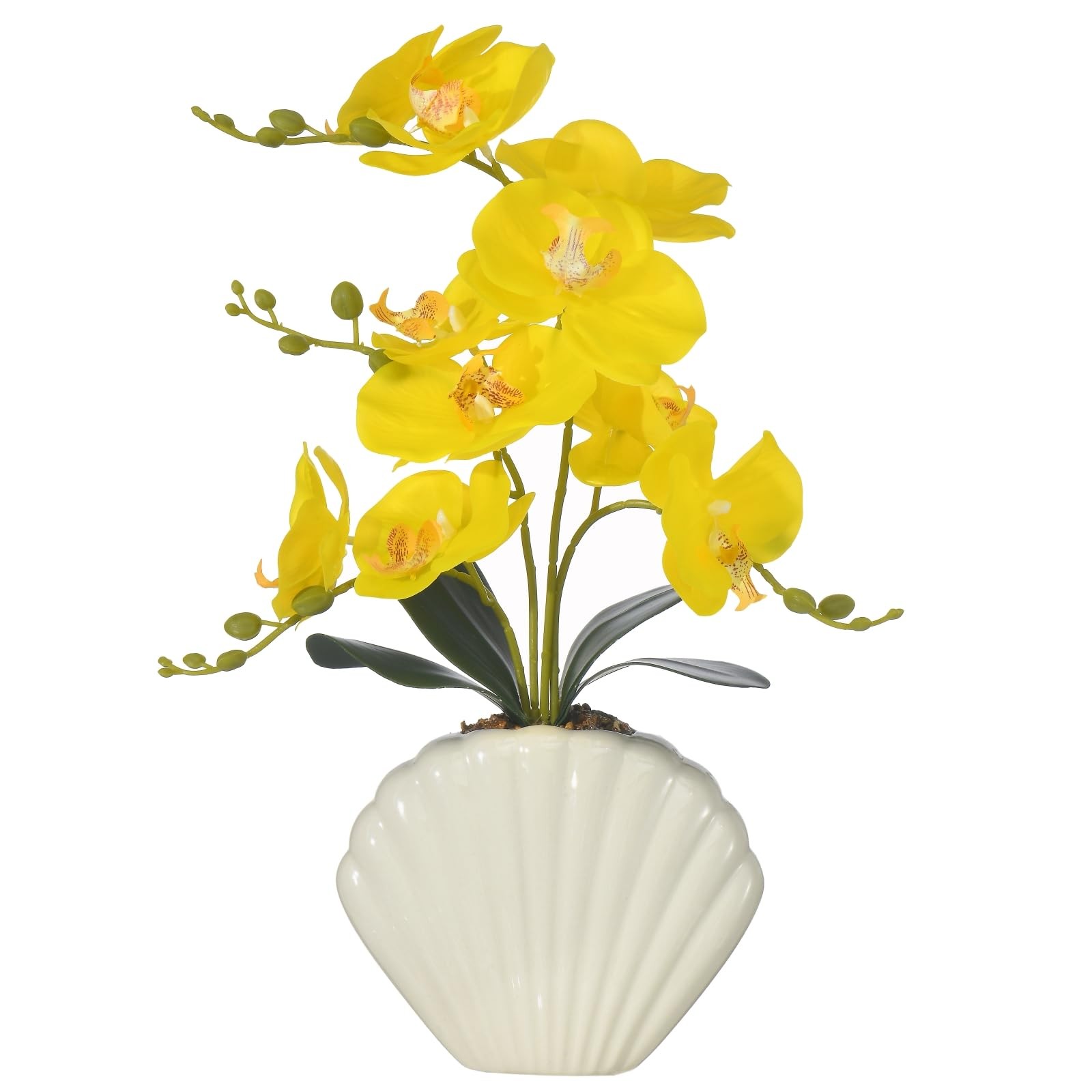 Artificial Phalaenopsis Orchid Plant Seashell Pot 16 Inch Faux Silk Yellow