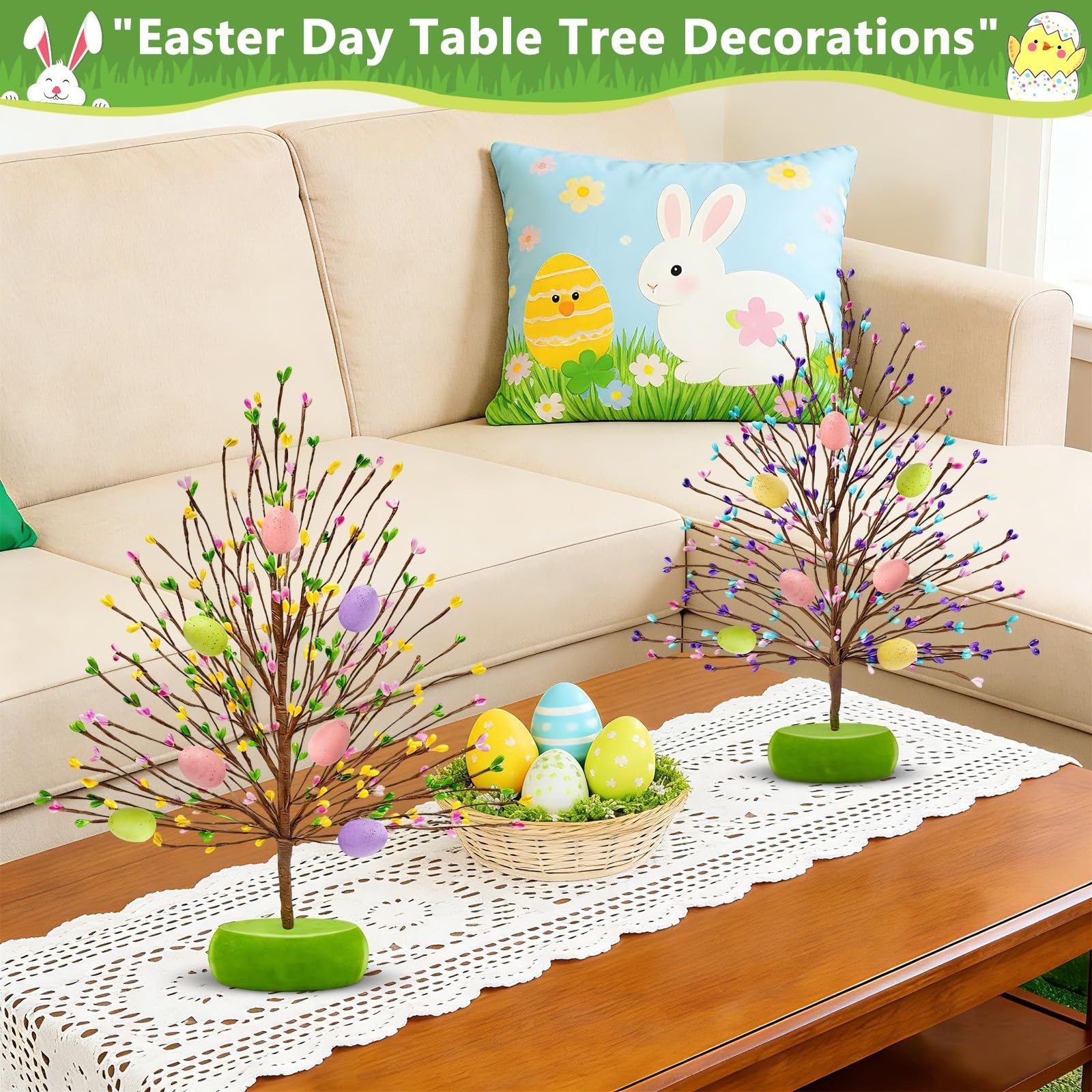 TURNMEON Easter Decorations 2 Pack Tree with 14 Pastel Eggs Multicolor