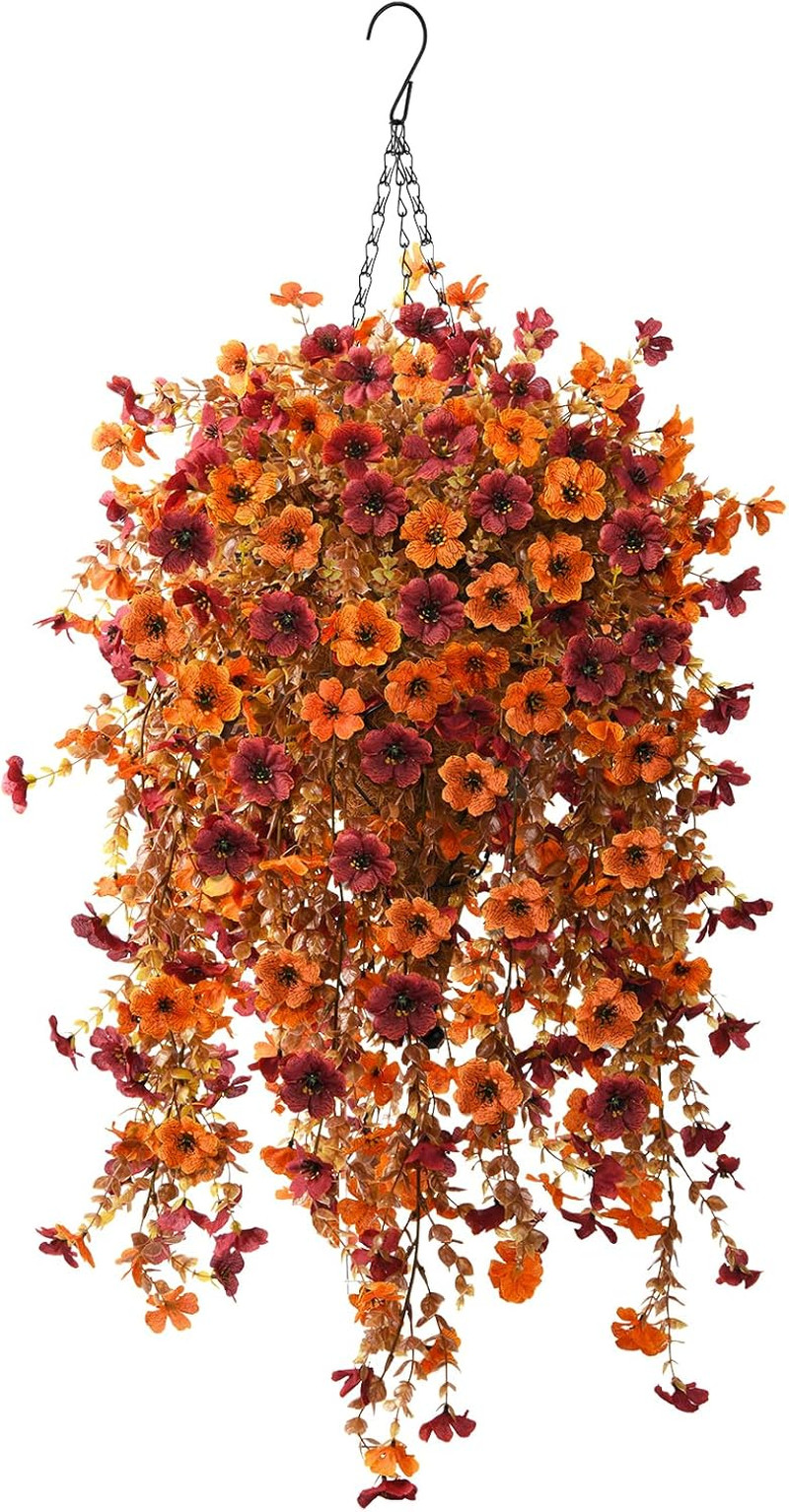 Autumn Faux Mums Hanging Basket – UV Resistant Orange Brown Floral Decor