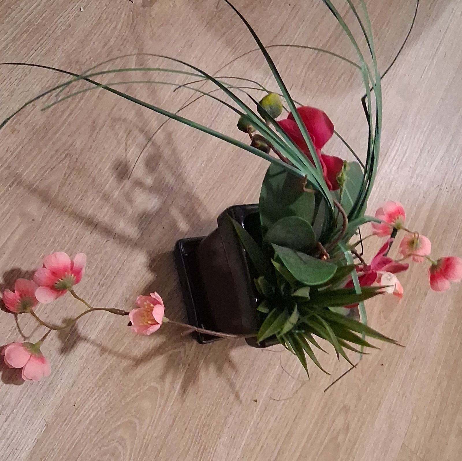 Artificial Pink Orchid Arrangement w/ Greenery Black Square Planter