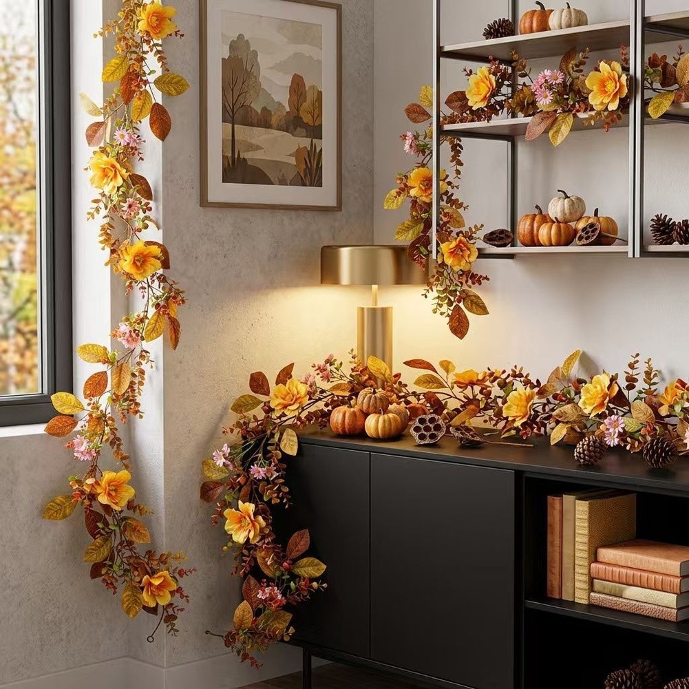 Seasonal Touch Autumn Floral Garland Orange Daisy Decor Waterproof Printed Cloth