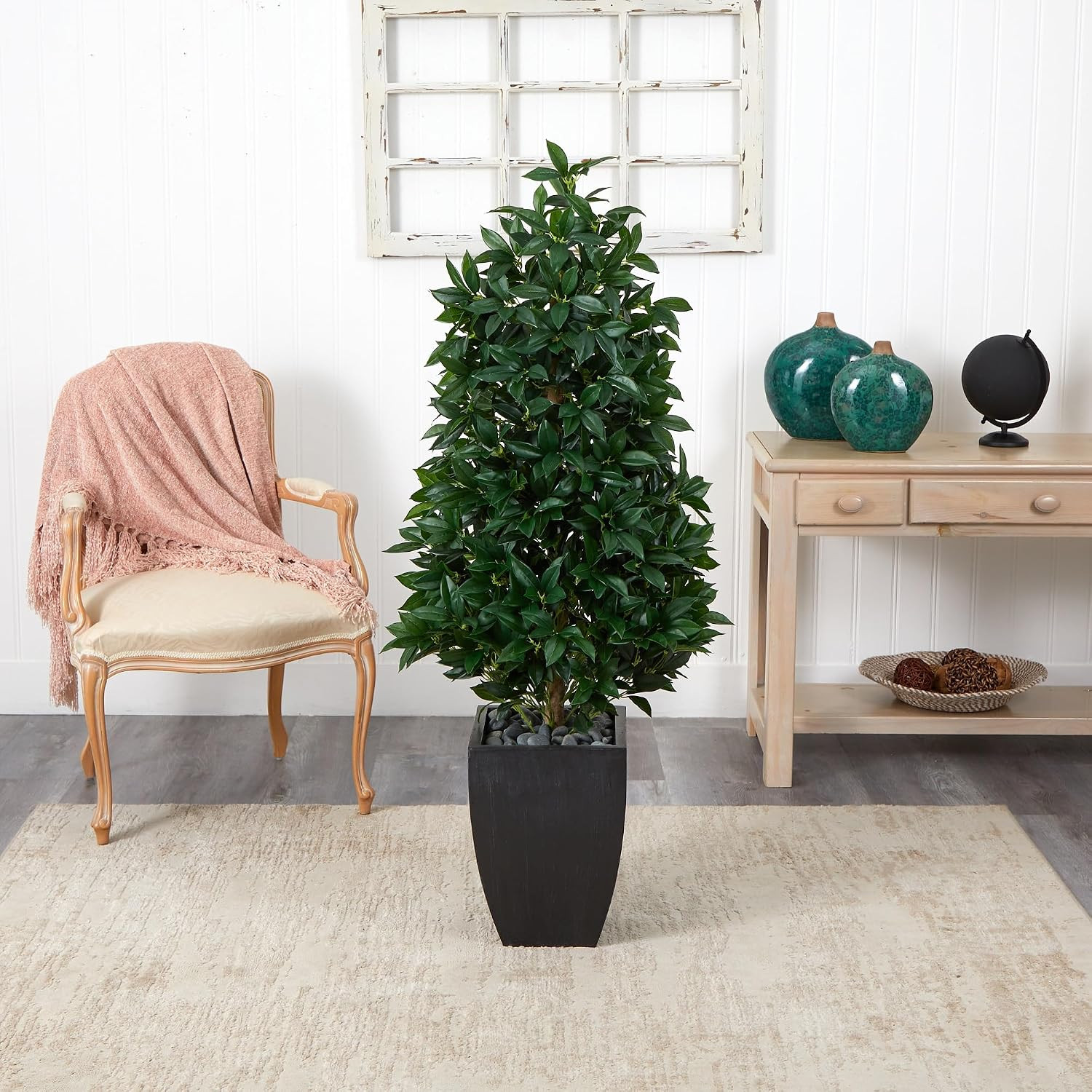 56In. Bay Leaf Cone Topiary Artificial Tree UV Resistant in Black Planter (Indoo