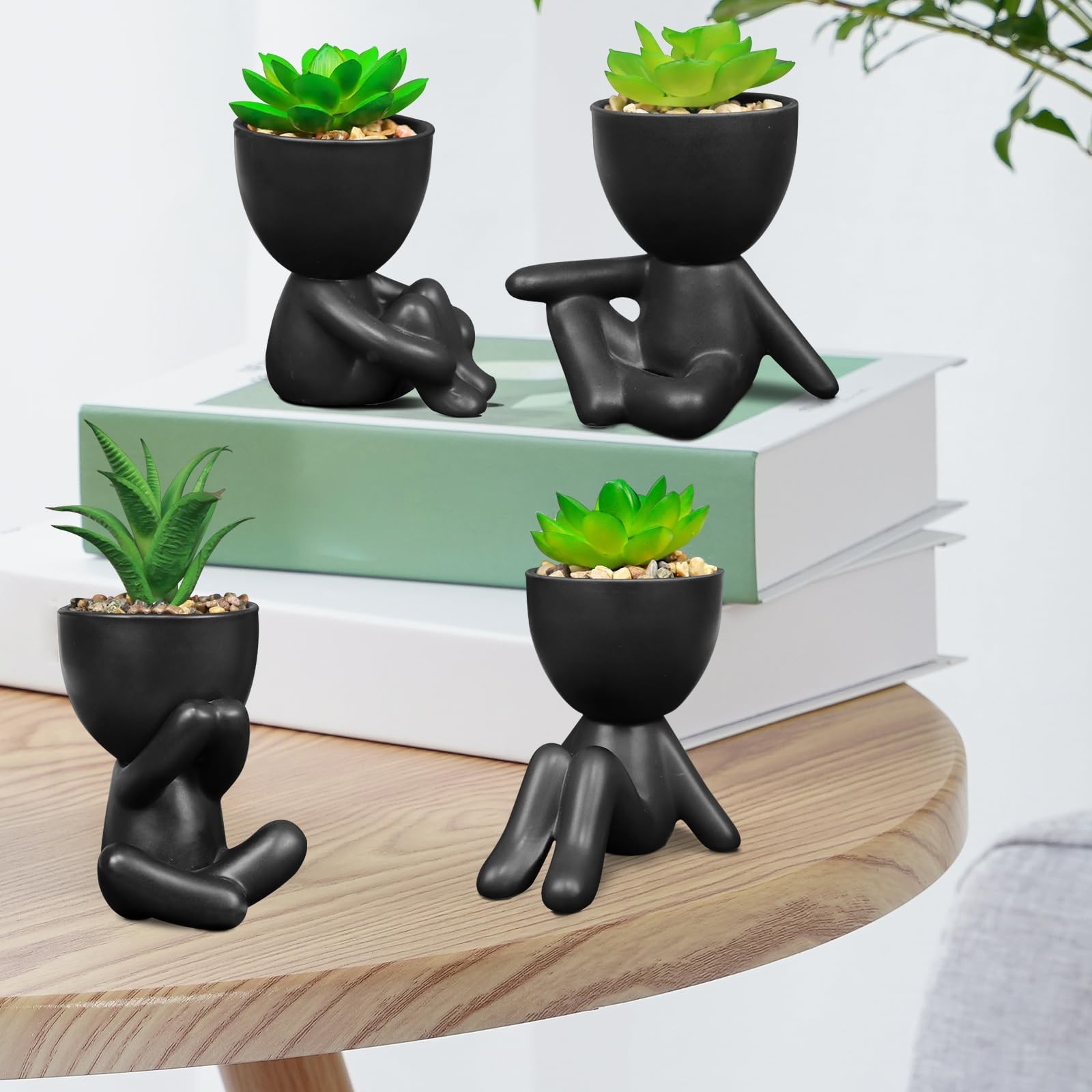 4 PCS Black Cute Fake Plants Artificial Succulent Human Shaped Pots Decor