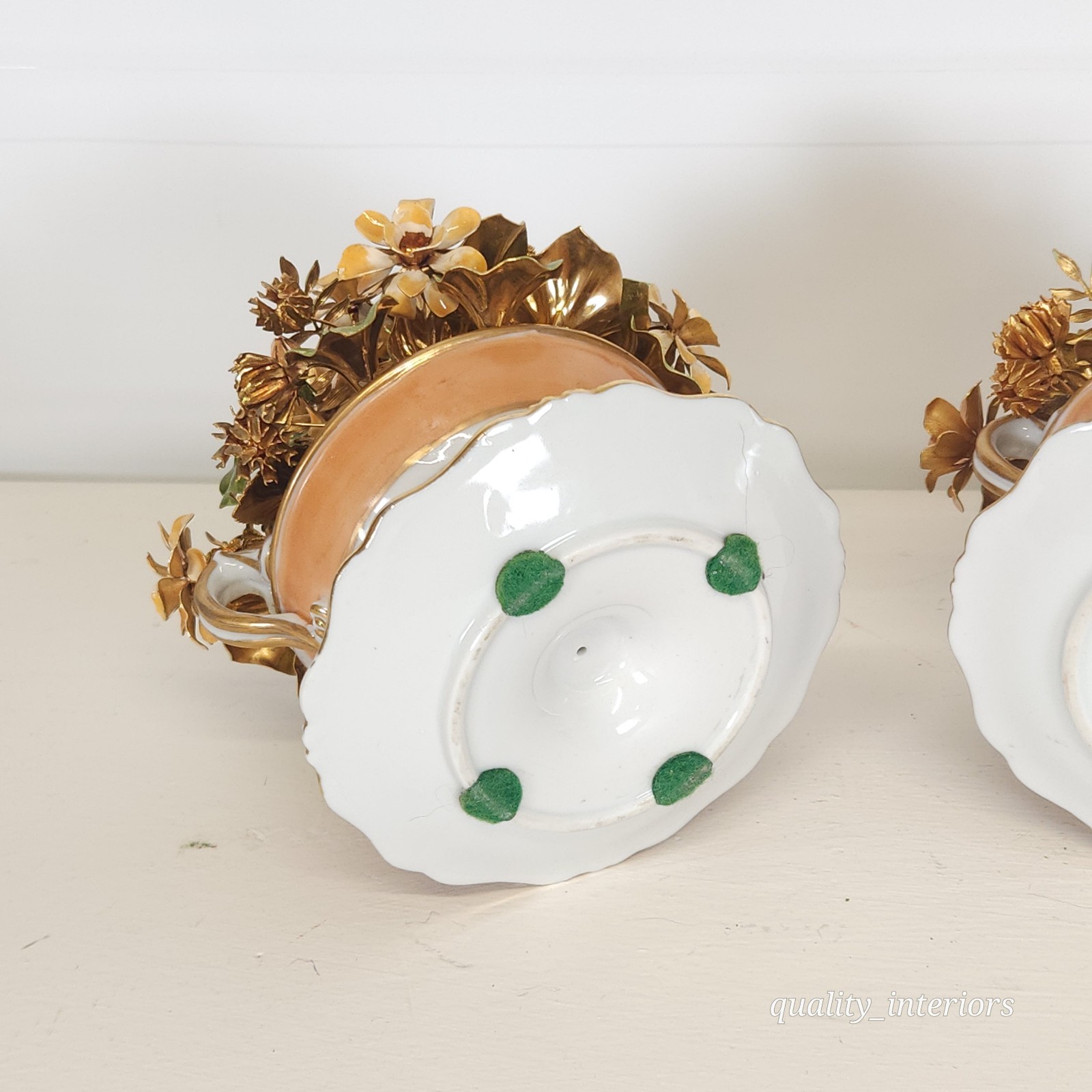 Pair Jane Hutcheson for Gorham Apricot Teacup & Saucer Floral Arrangement