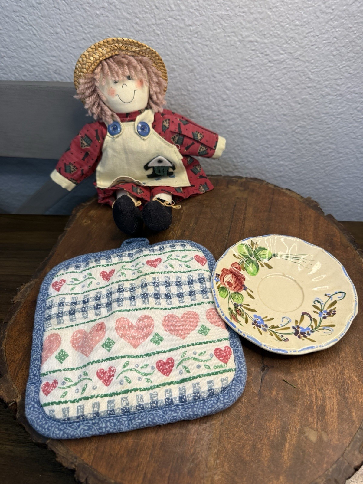Lot Of Granny Country Decor Floral Saucer, Doll, Pot Holder