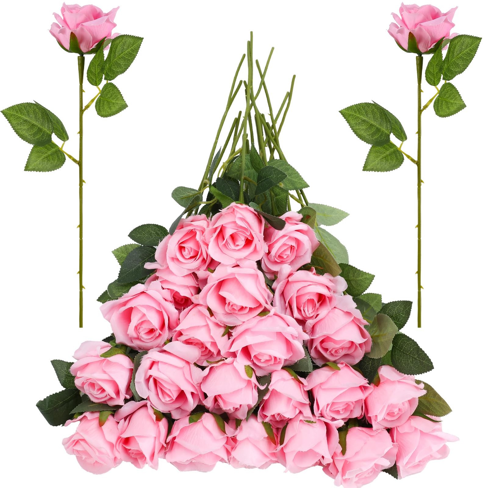 24 Pcs Pink Rose Artificial Flowers with Long Stem Real Touch Silk Plastic Bo…
