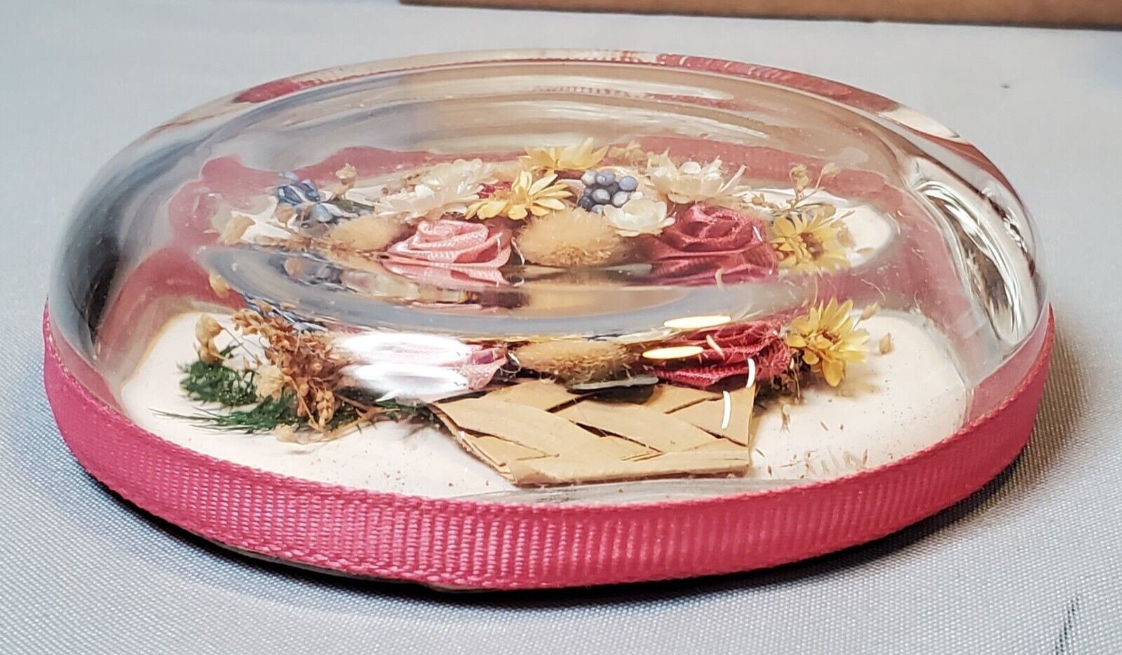 Convex Glass Bubble Dried Floral Silk Ribbon Floral Wall Art Shabby Elegance Set