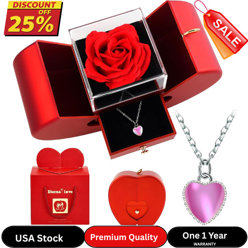 Forever Red Roses in A Box Preserved Rose with Rainbow Necklace Heart Box