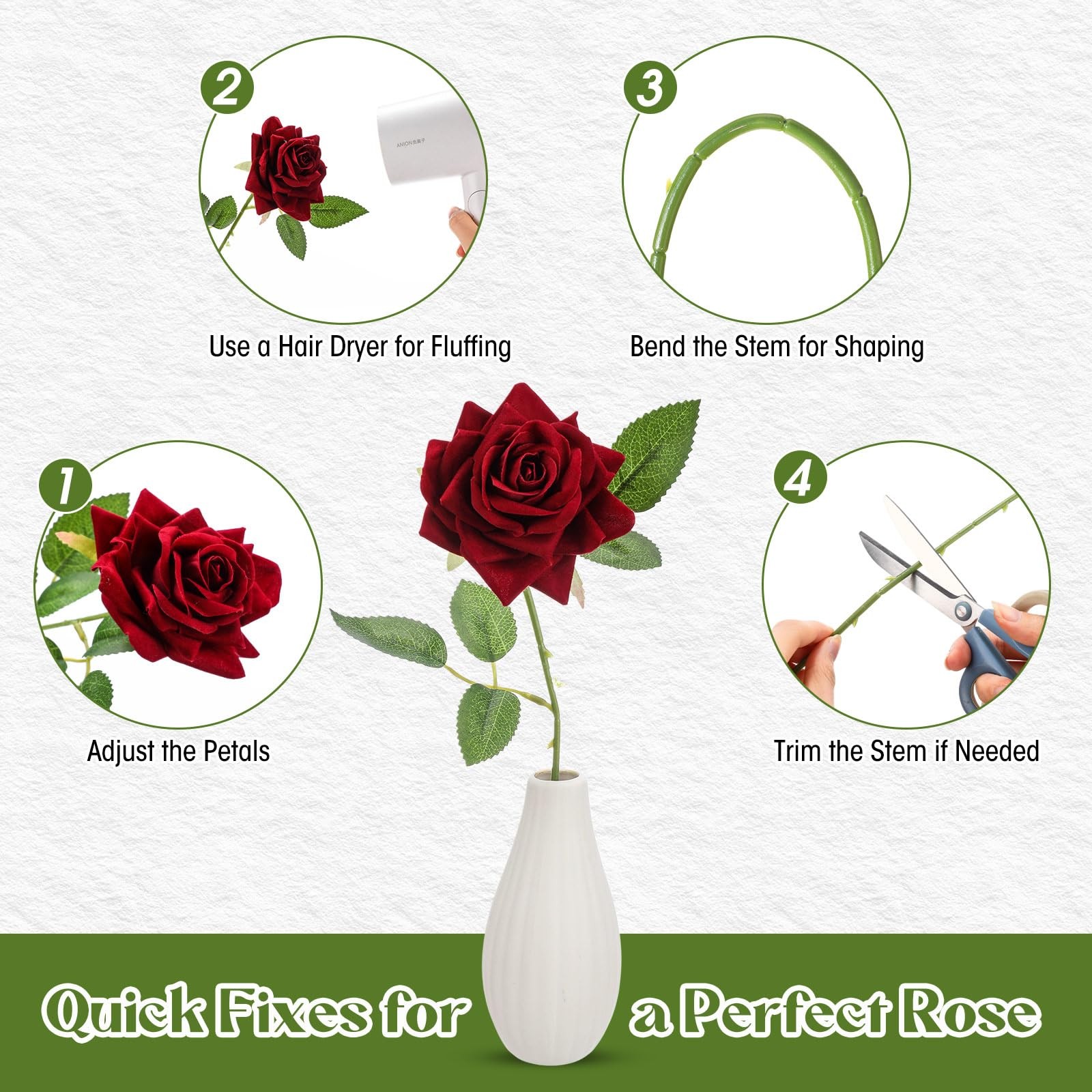 Zeyune Red Velvet Single Roses Artificial Flowers, Fake Silk Rose Faux Look R…