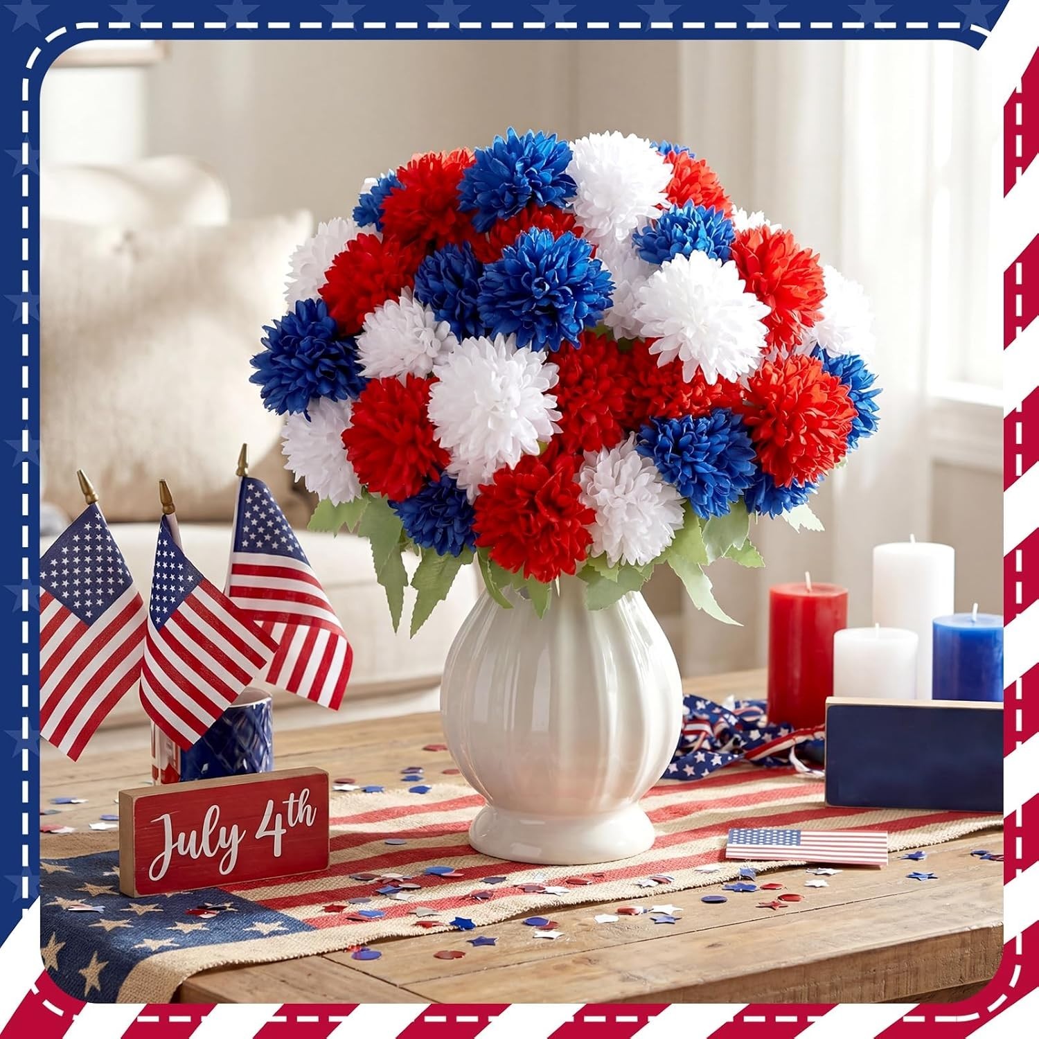 Vibrant 12-Piece Patriotic Chrysanthemum Flower Set for 4th of July Celebrations
