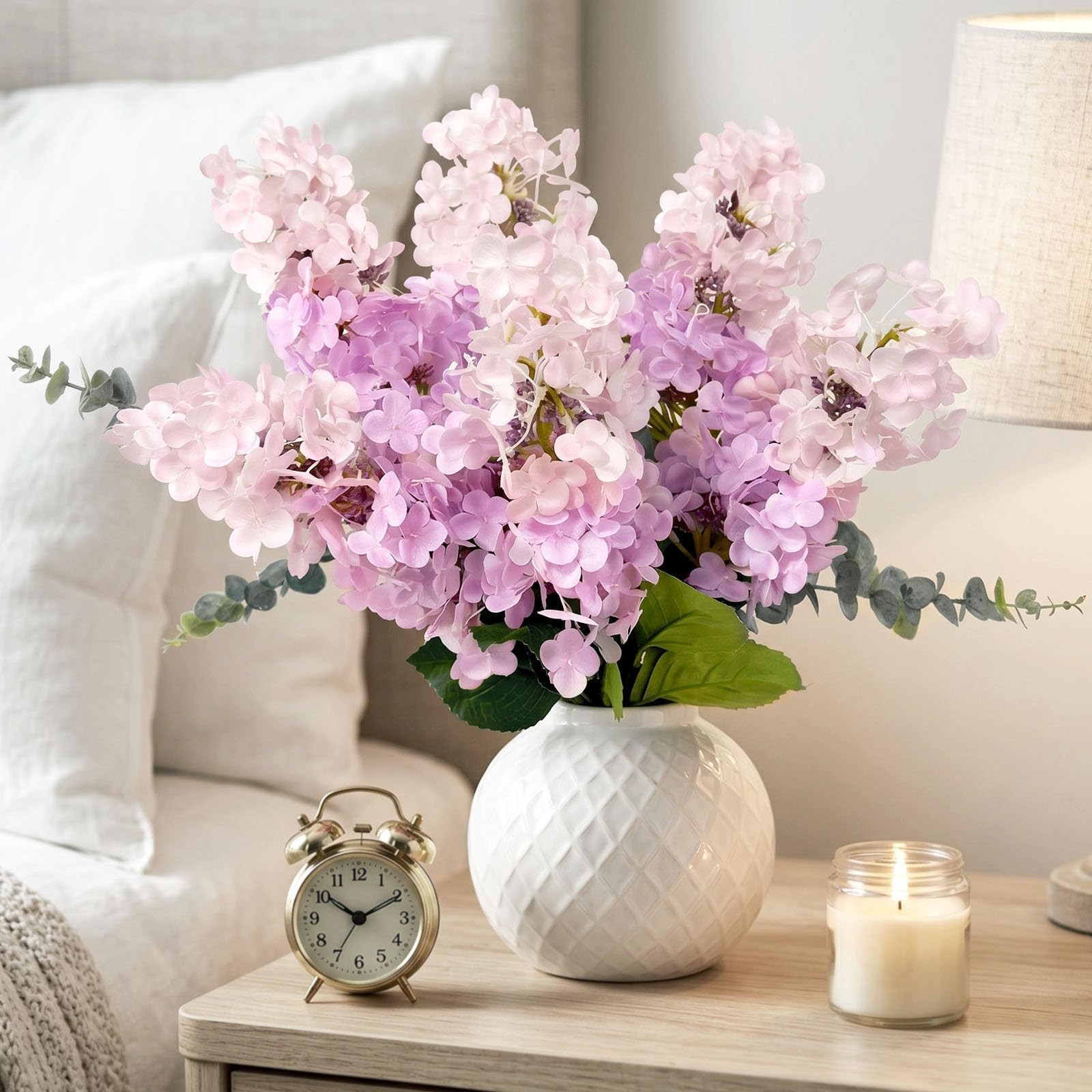 Artificial Hydrangea Flowers 6PCS with Eucalyptus Leaves, 27.5″ Faux Lavender…