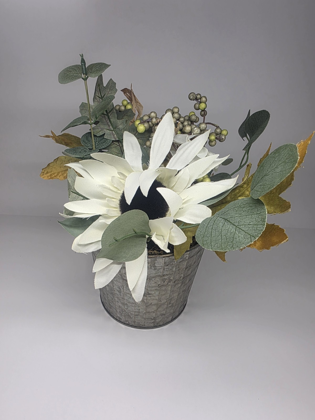 Floral Arrangement in Rustic Metal Milk Can – Fall Home Decor Centerpiece
