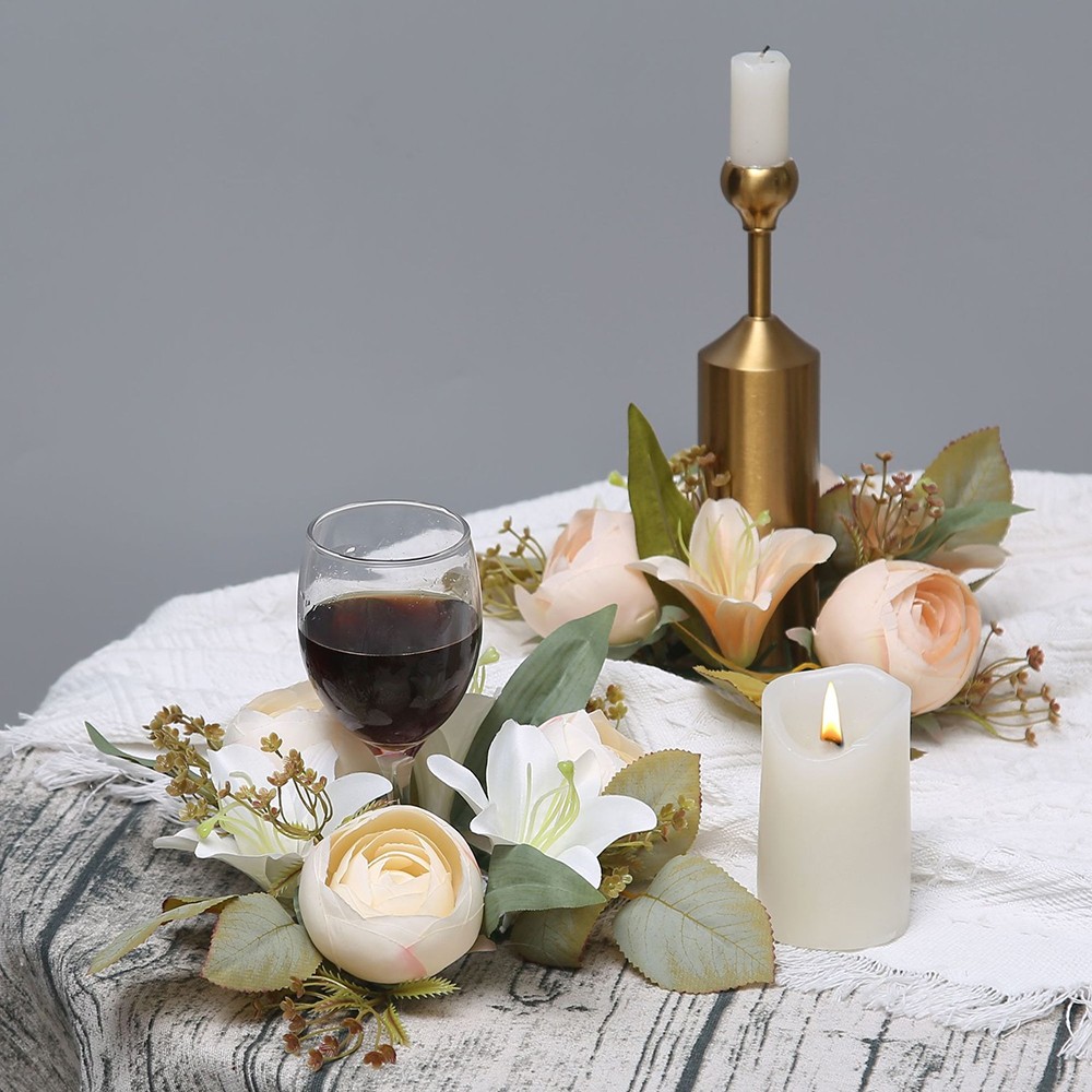 2 Pcs Artificial Flower Candle Ring Wreath for Pillar Candle Table Centerpiece
